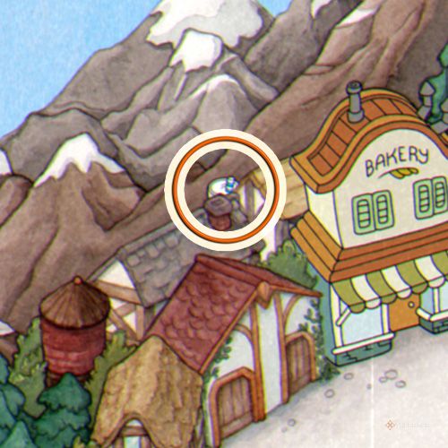 An orange circle shows the Mugmen's location who is lcoated behind the Bakery in Cuphead