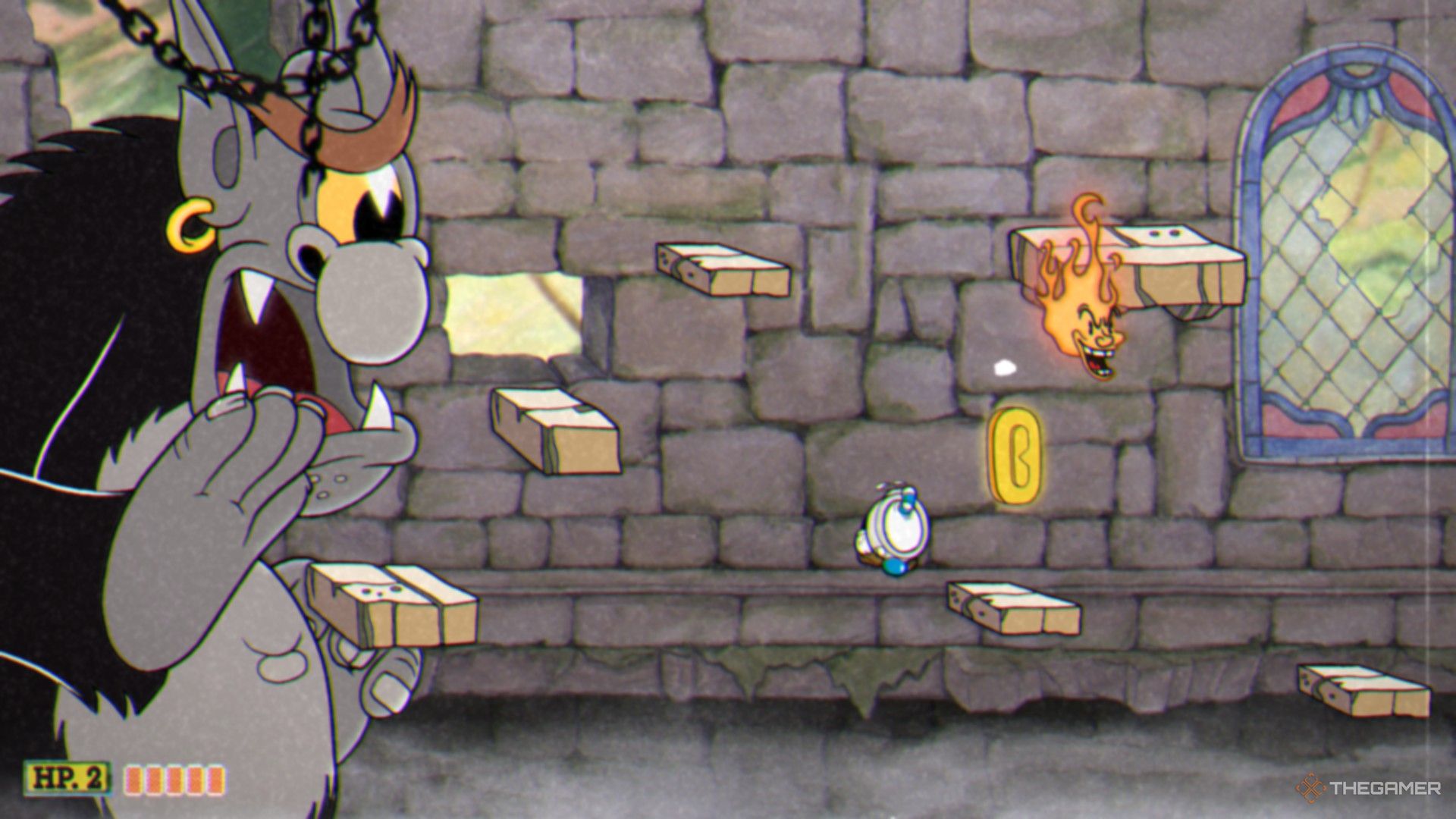 Mugman is running away from an ogre in Cuphead.