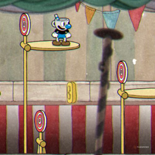 Mugman finds the third coin inside the Funfair Fever level in Cuphead