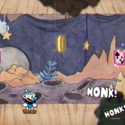 Mugman finds the first coin inside the Funhouse Frazzle level in Cuphead