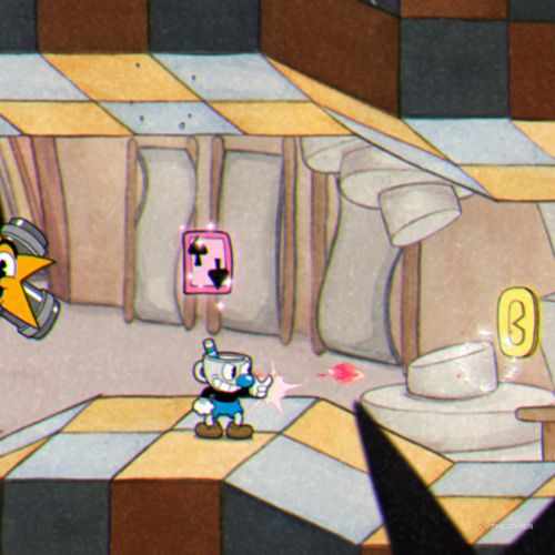 Mugman finds the second coin inside the Funhouse Frazzle level in Cuphead