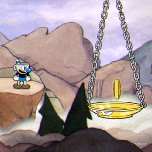 Mugman finds the first coin inside the Rugged Ridge level in Cuphead