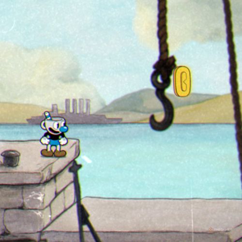 Mugman finds the first coin inside the Perilous Piers level in Cuphead