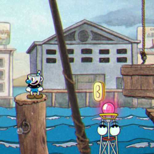 Mugman finds the third coin inside the Perilous Piers level in Cuphead