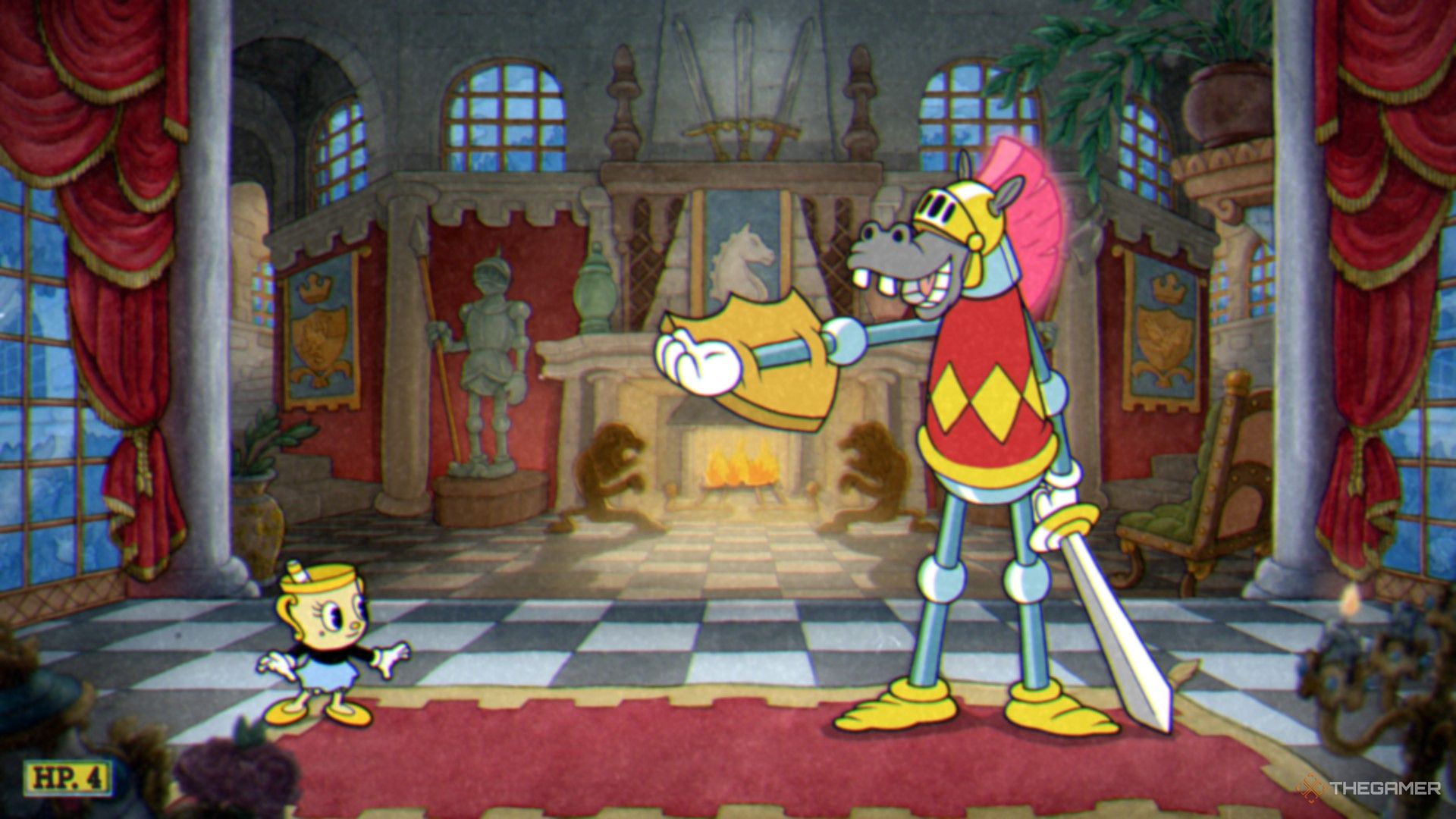 Ms. Chalice is fighting agains The Knight at The King's Leap in Cuphead.