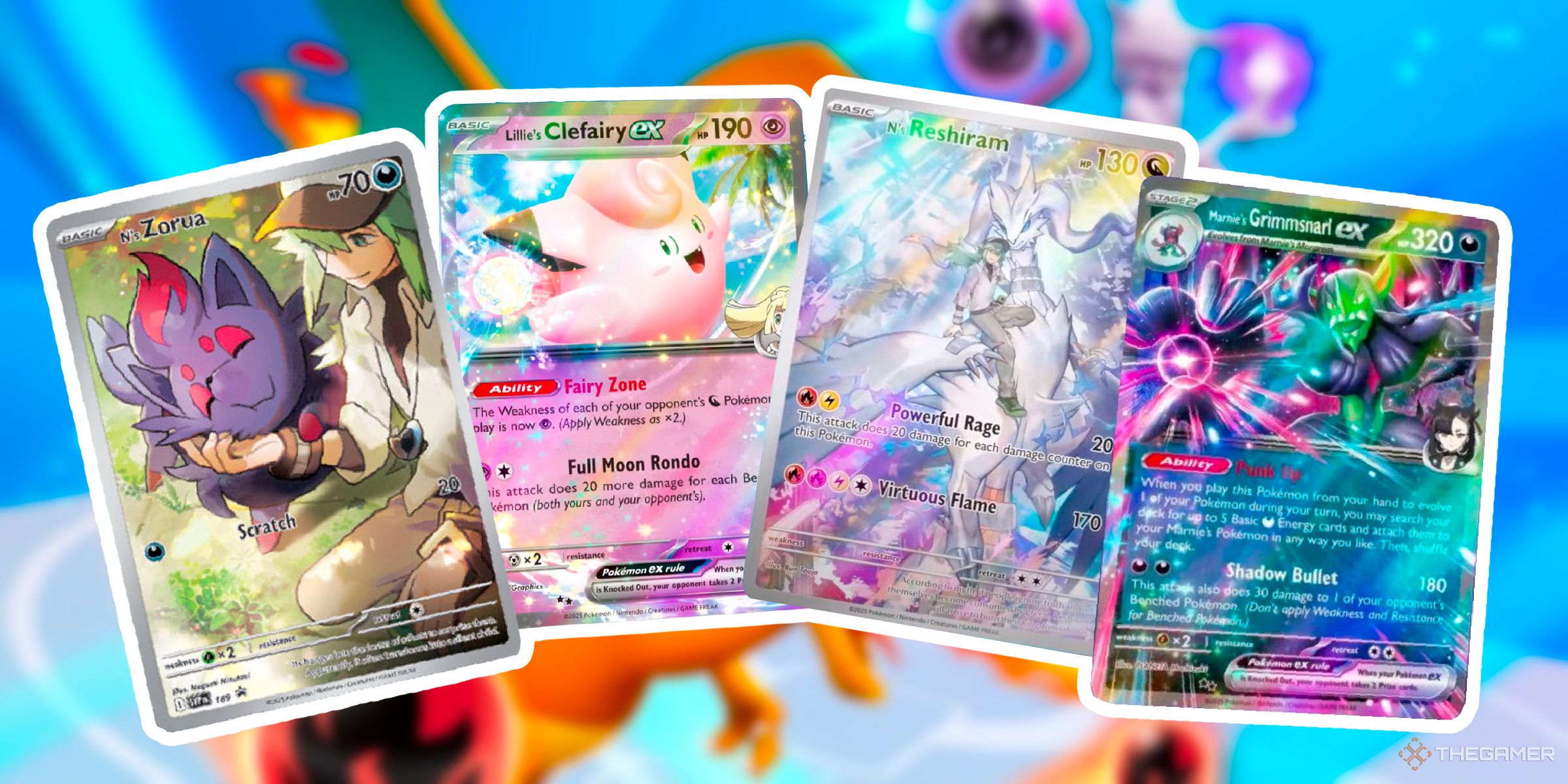 N's Zorua, Lillie's Clefairy ex, N's Reshiram, And Marnie's Grimmsnarl ex Pokemon Cards From The Scarlet & Violet Era Of The Pokemon Trading Card Game.