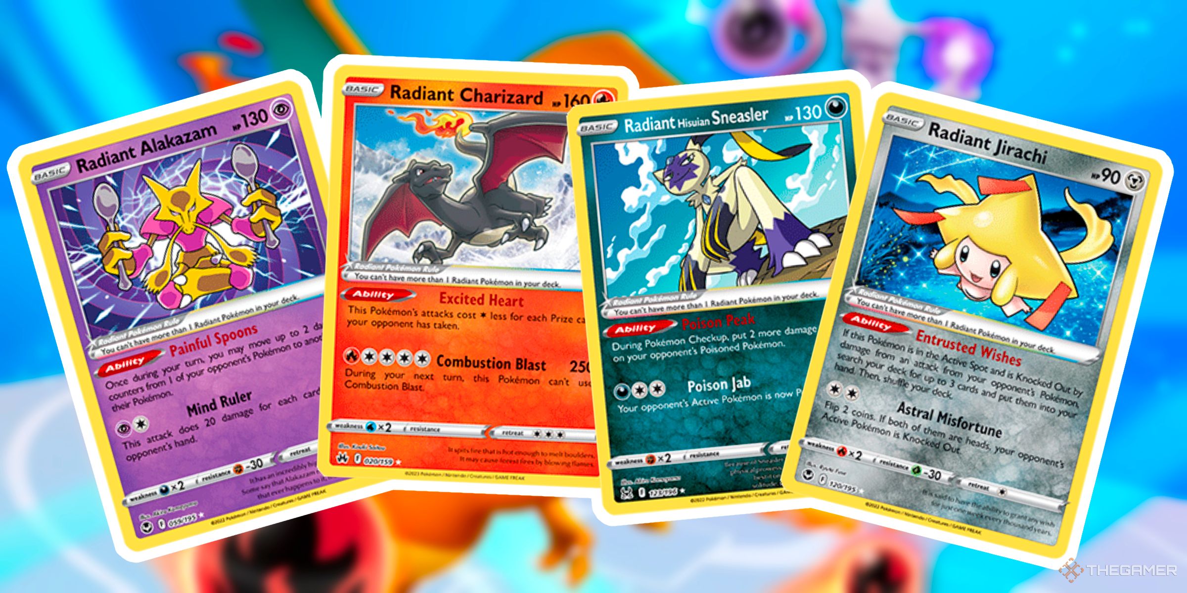 Radiant Alakazam, Radiant Charizard, Radiant Hisuian Sneasler, And Radiant Jirachi Pokemon Cards From The Sword & Shield Era Of The Pokemon Trading Card Game.