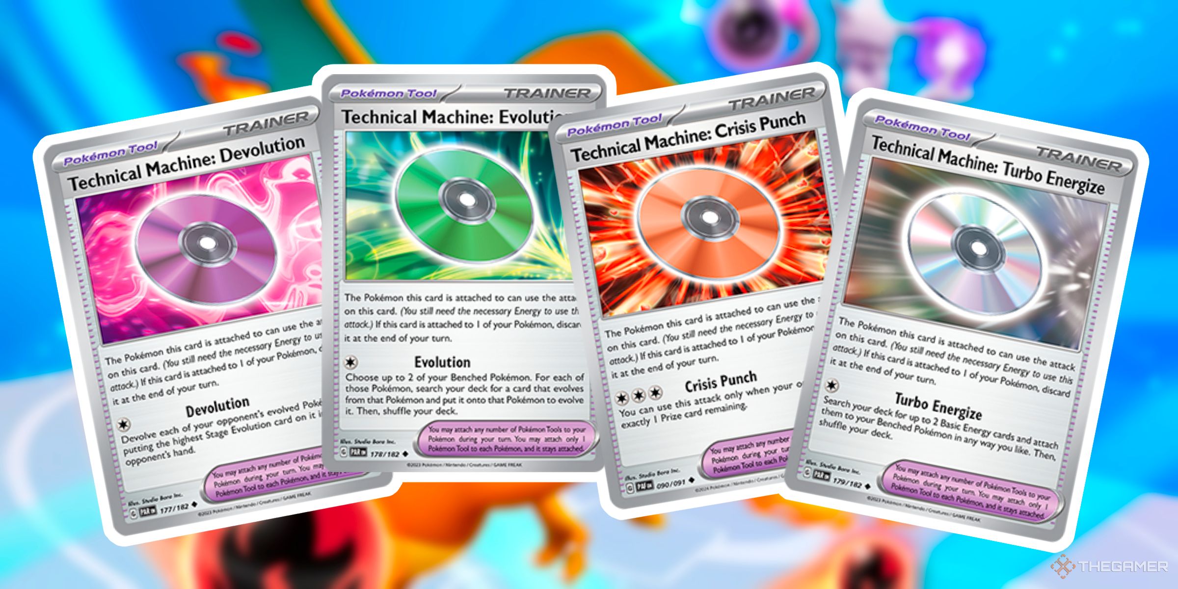 TM: Devolution, TM: Evolution, TM: Crisis Punch, And TM: Turbo Energize Technical Machine Cards From The Scarlet & Violet Era Of The Pokemon Trading Card Game.