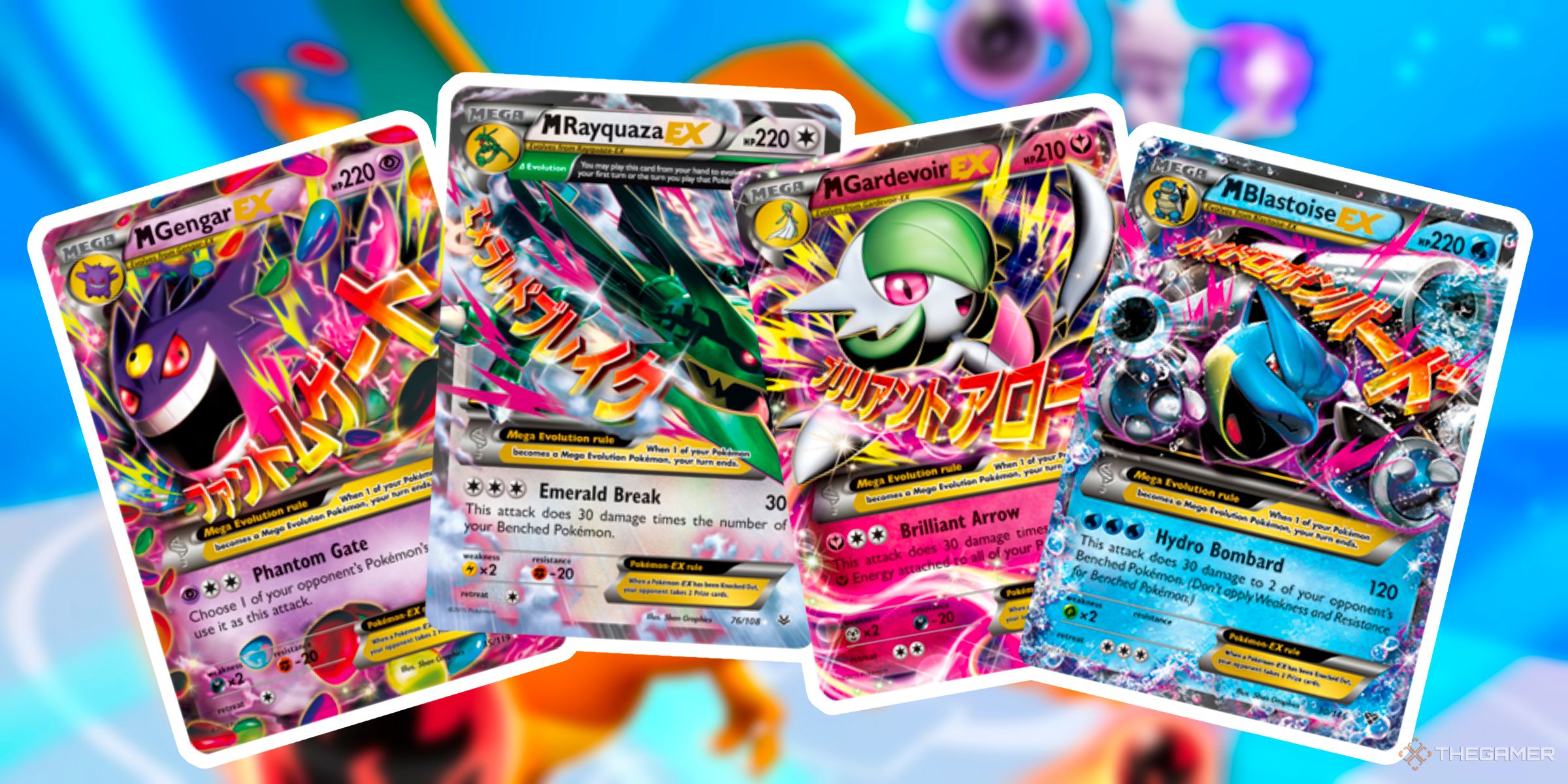 M Gengar EX, M Rayquaza EX, M Gardevoir EX, And M Blastoise EX Pokemon Cards From The X & Y Era Of The Pokemon Trading Card Game.