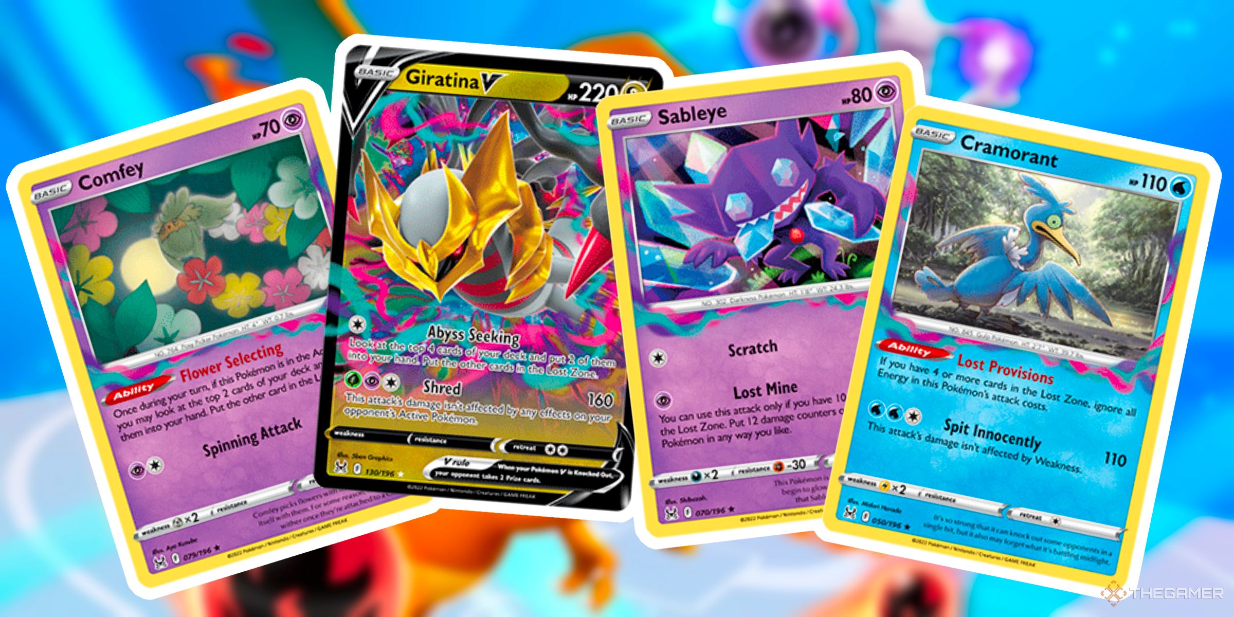 Comfey, Giratina V, Sableye, And Cramorant Pokemon Cards From The Sword & Shield Era Of The Pokemon Trading Card Game.