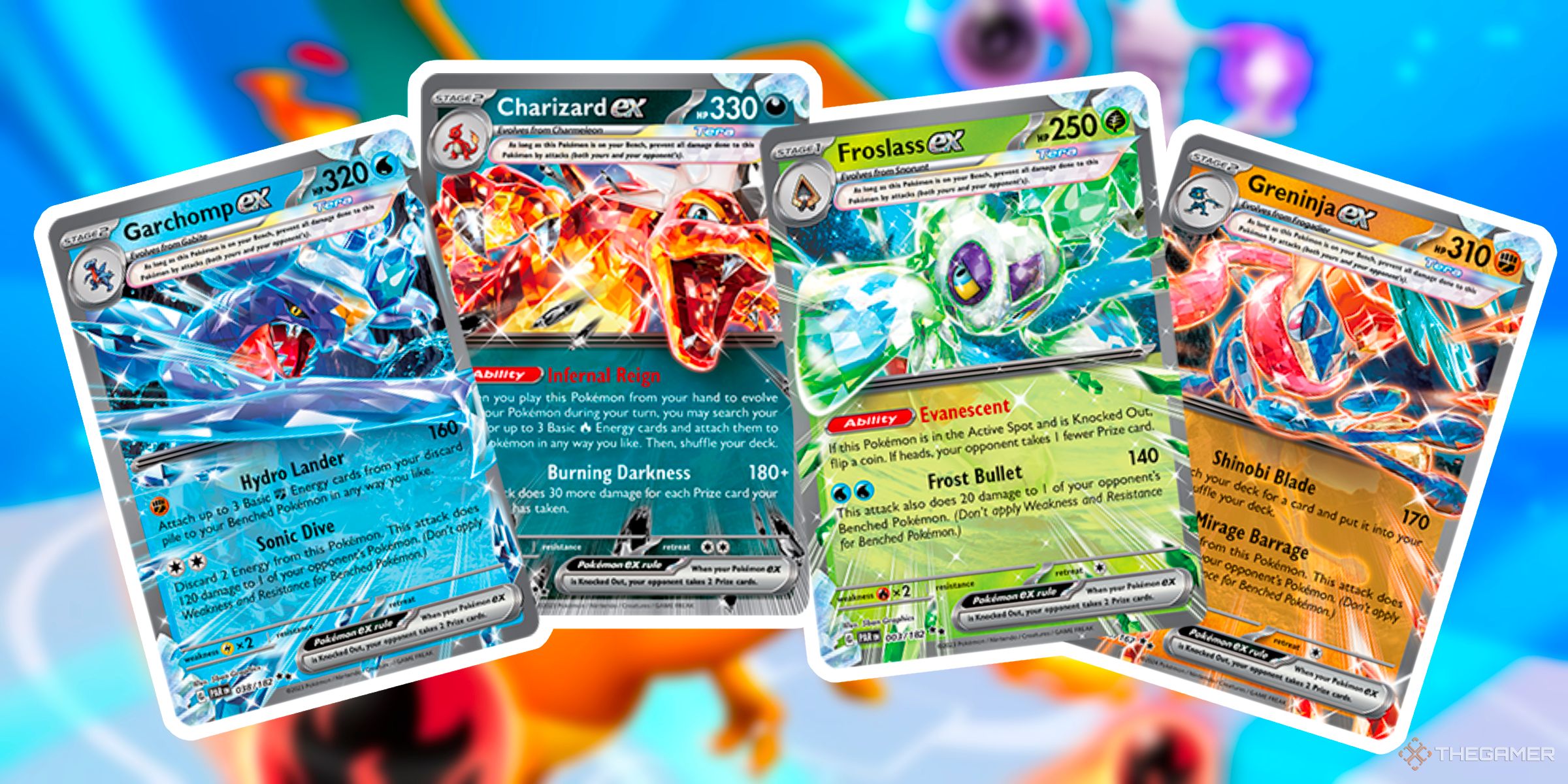 Water Tera Garchomp ex, Dark Tera Charizard ex, Grass Tera Frostlass ex, And Fighting Tera Greninja ex Pokemon Cards From The Scarlet & Violet Era Of The Pokemon Trading Card Game.