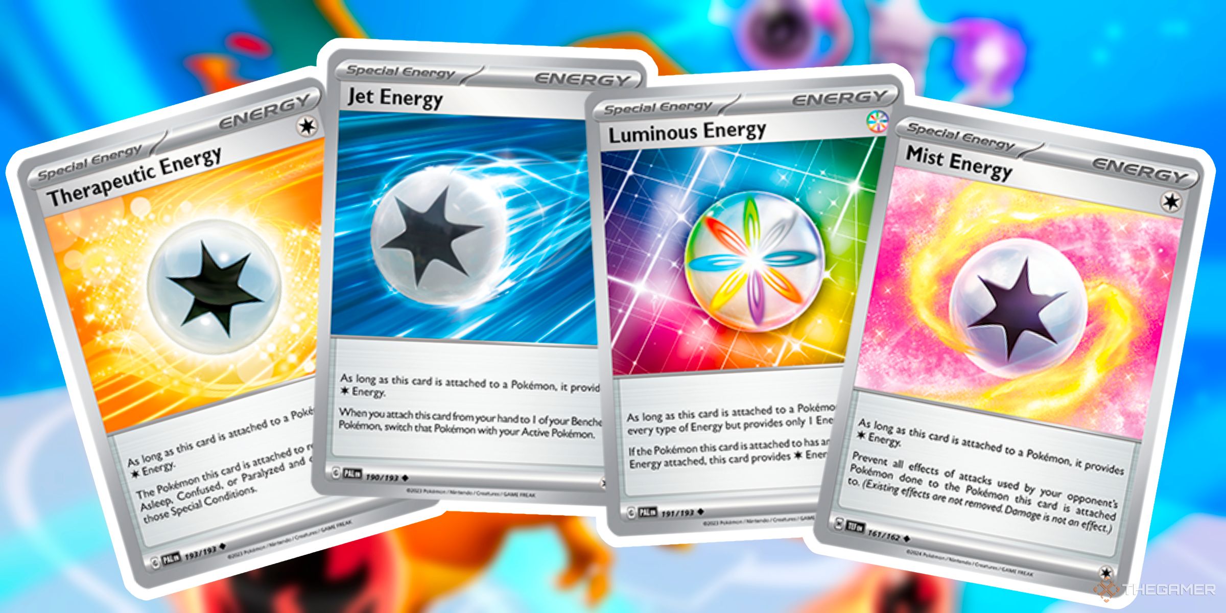 Jet Energy, Therapeutic Energy, Mist Energy, And Luminous Energy Special Energy Cards From The Scarlet & Violet Era Of The Pokemon Trading Card Game.