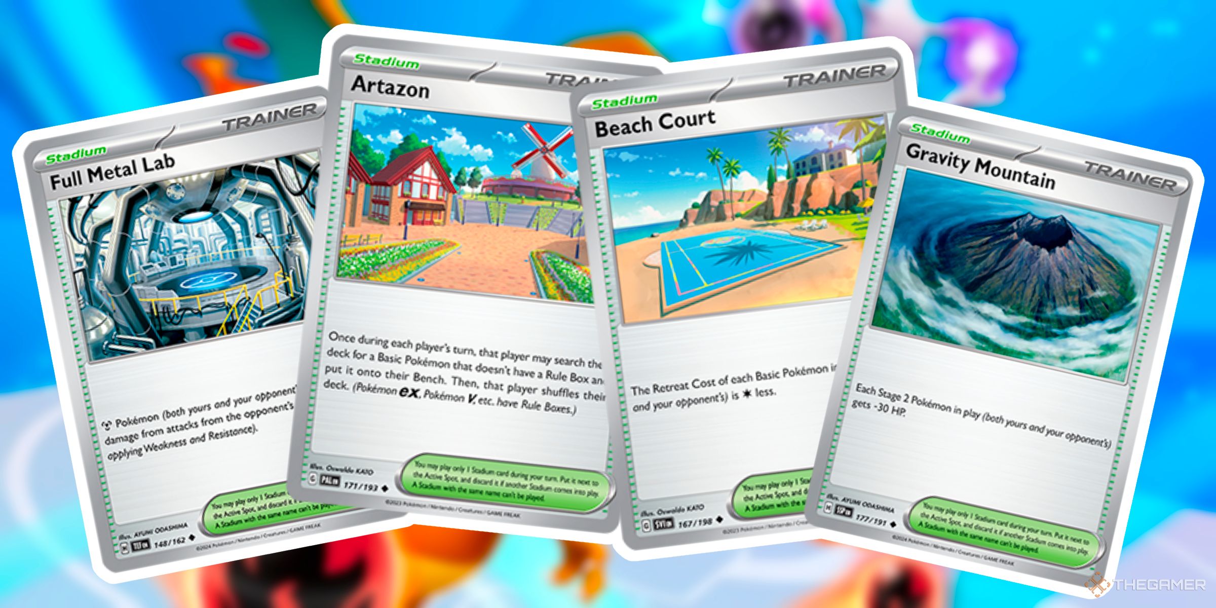 Full Metal Lab, Artazon, Beach Court, And Gravity Mountain Stadium Cards From The Scarlet & Violet Era Of The Pokemon Trading Card Game.