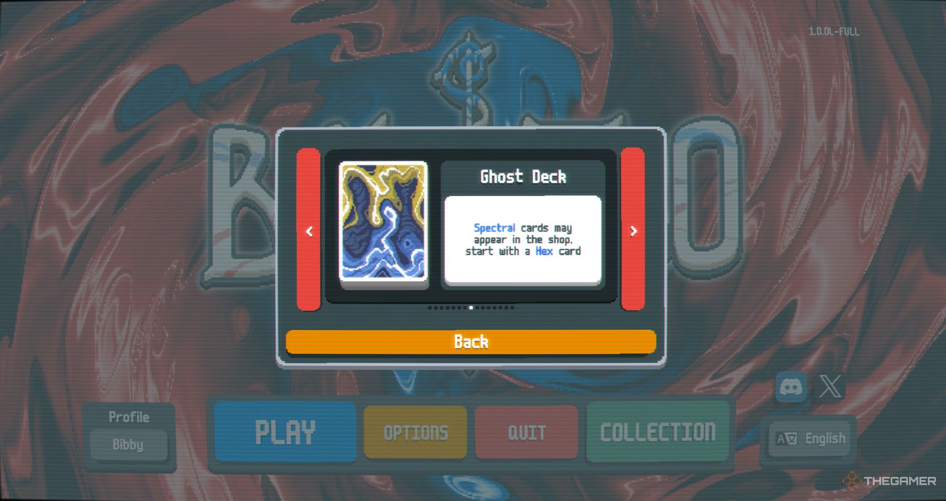 A screenshot from Balatro showing the Deck screen in the Collection menu, with the Ghost Deck being selected. Text underneat the title reads, "Spectral cards may appear in the shop. Start with a Hex card."