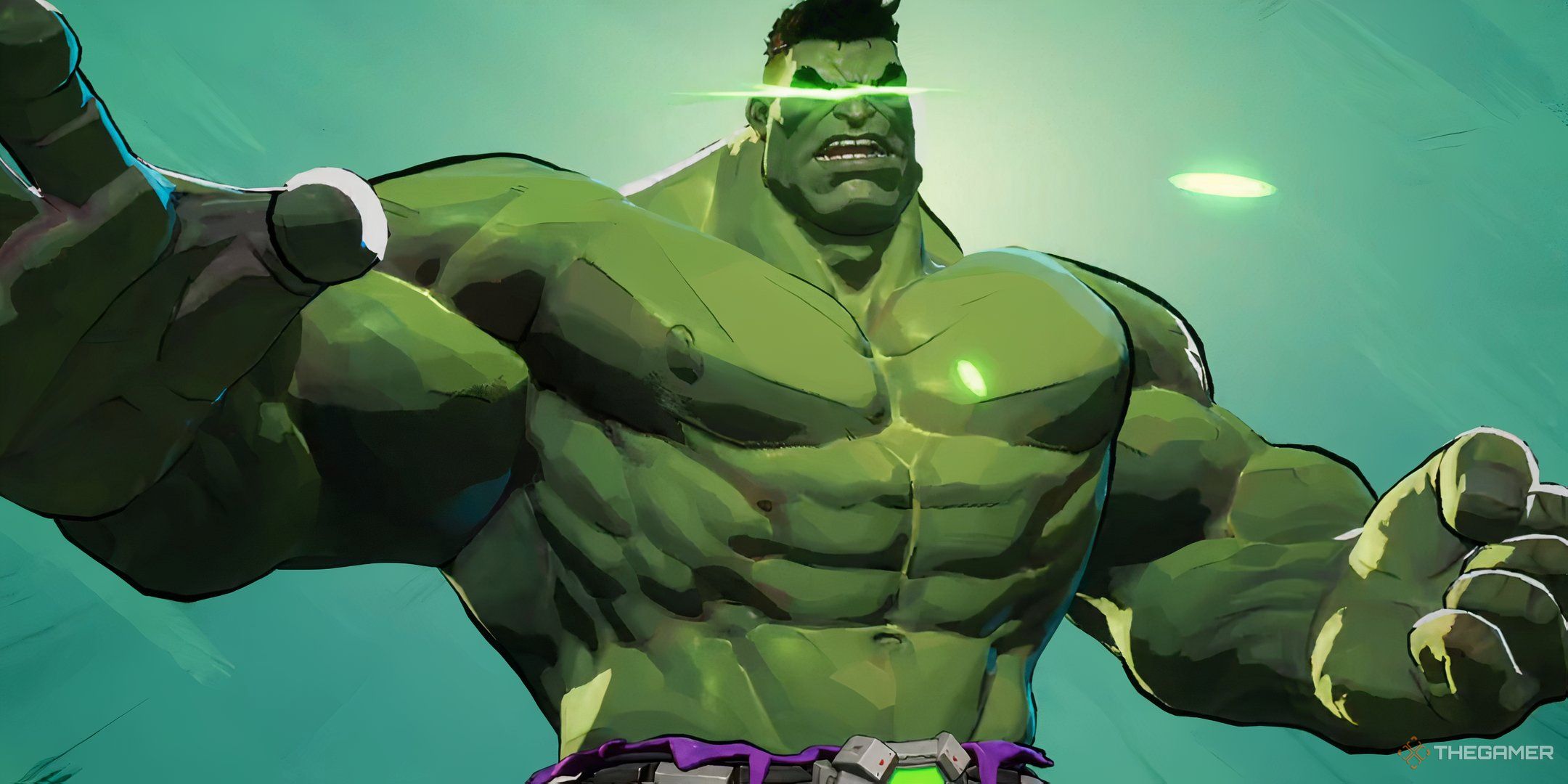 The Hulk in Marvel Rivals, with his eyes glowing green. 