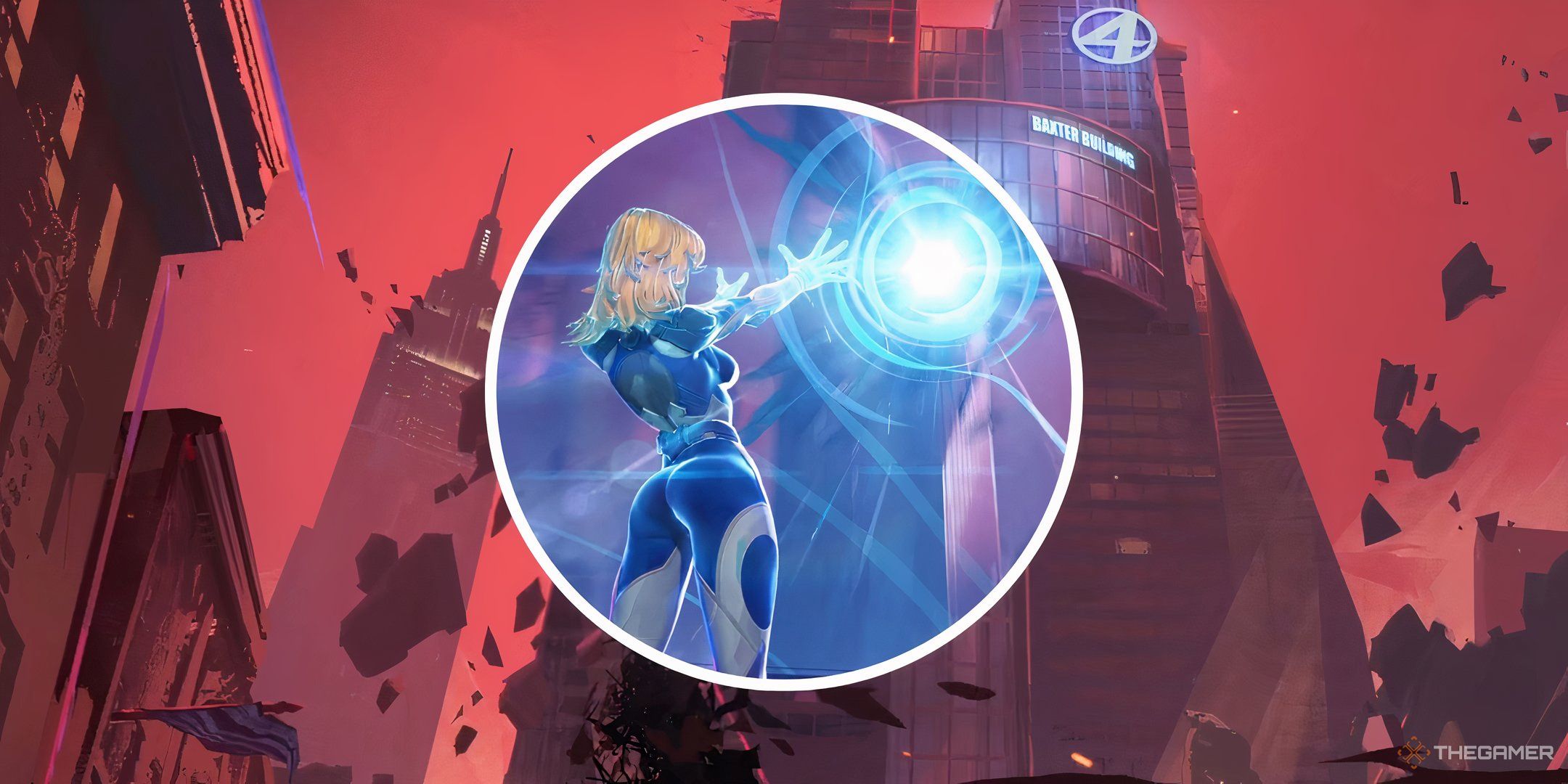 A split image of the Invisible Woman using an ability against the Fantastic Four's Baxter Tower in Marvel Rivals.