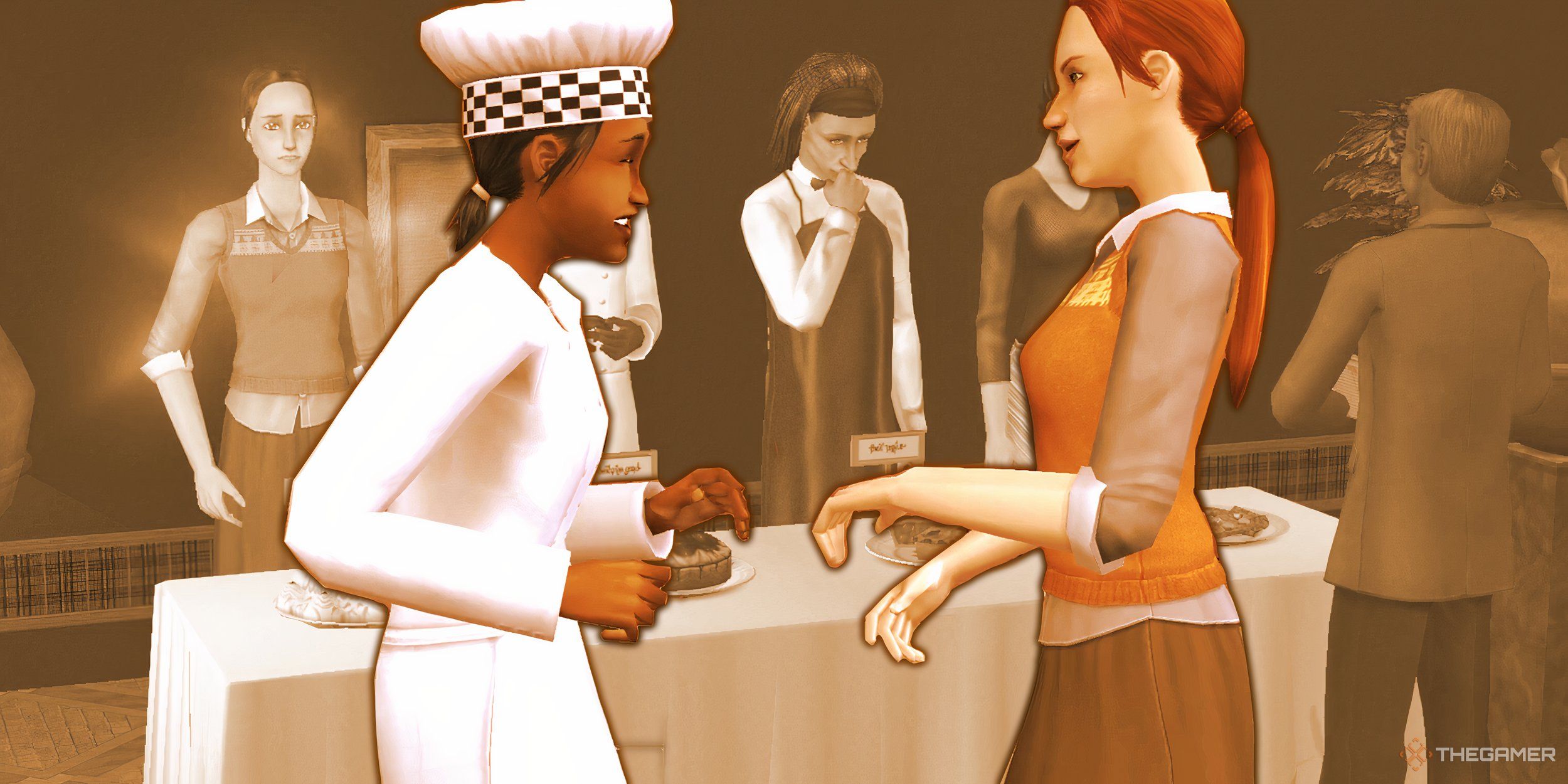 Two sims laughing about cooking overtop a cooking contest shot.