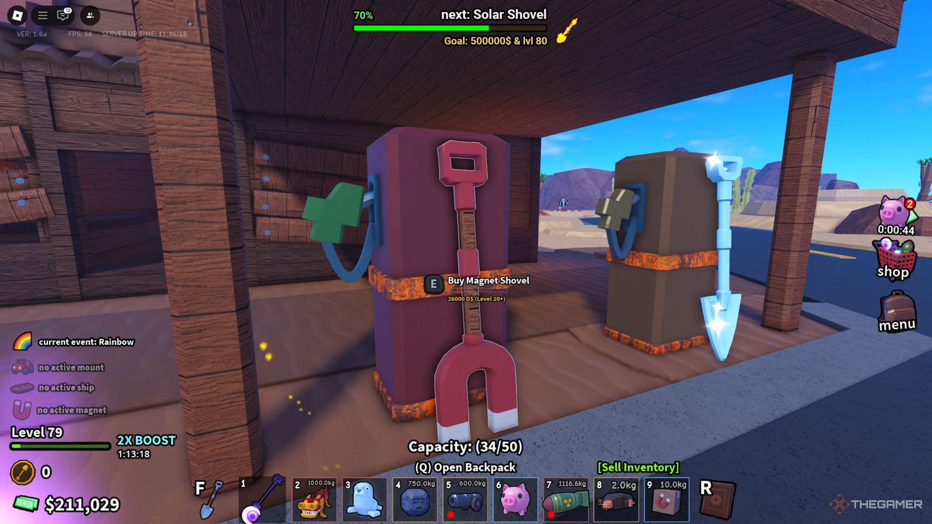 The player character shows the Magnet Shovel next to the building located in Badlands in Dig It.