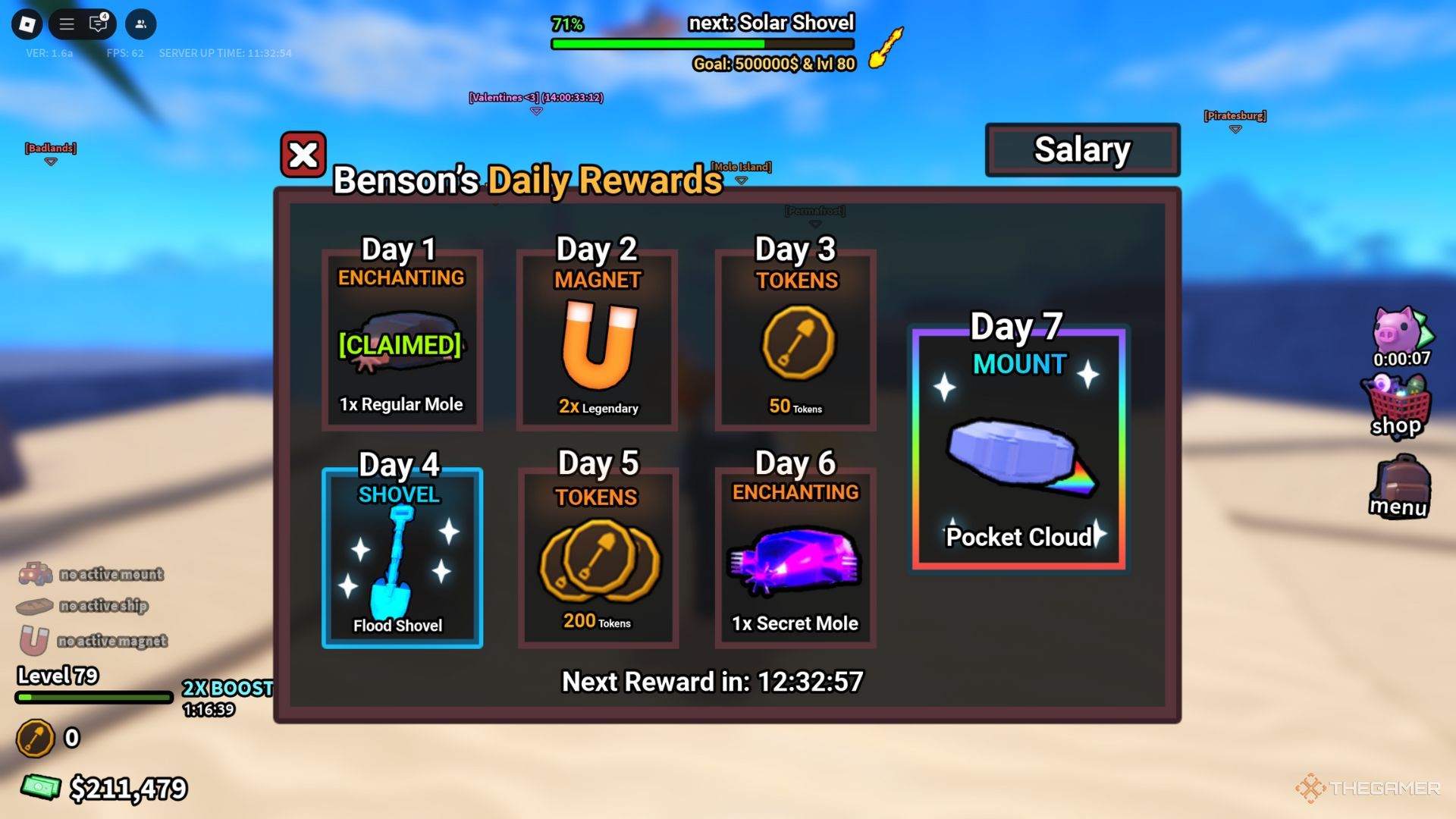 The player character shows Benson's Daily Rewards tab, which is full of various freebies, including magnets in Dig It.