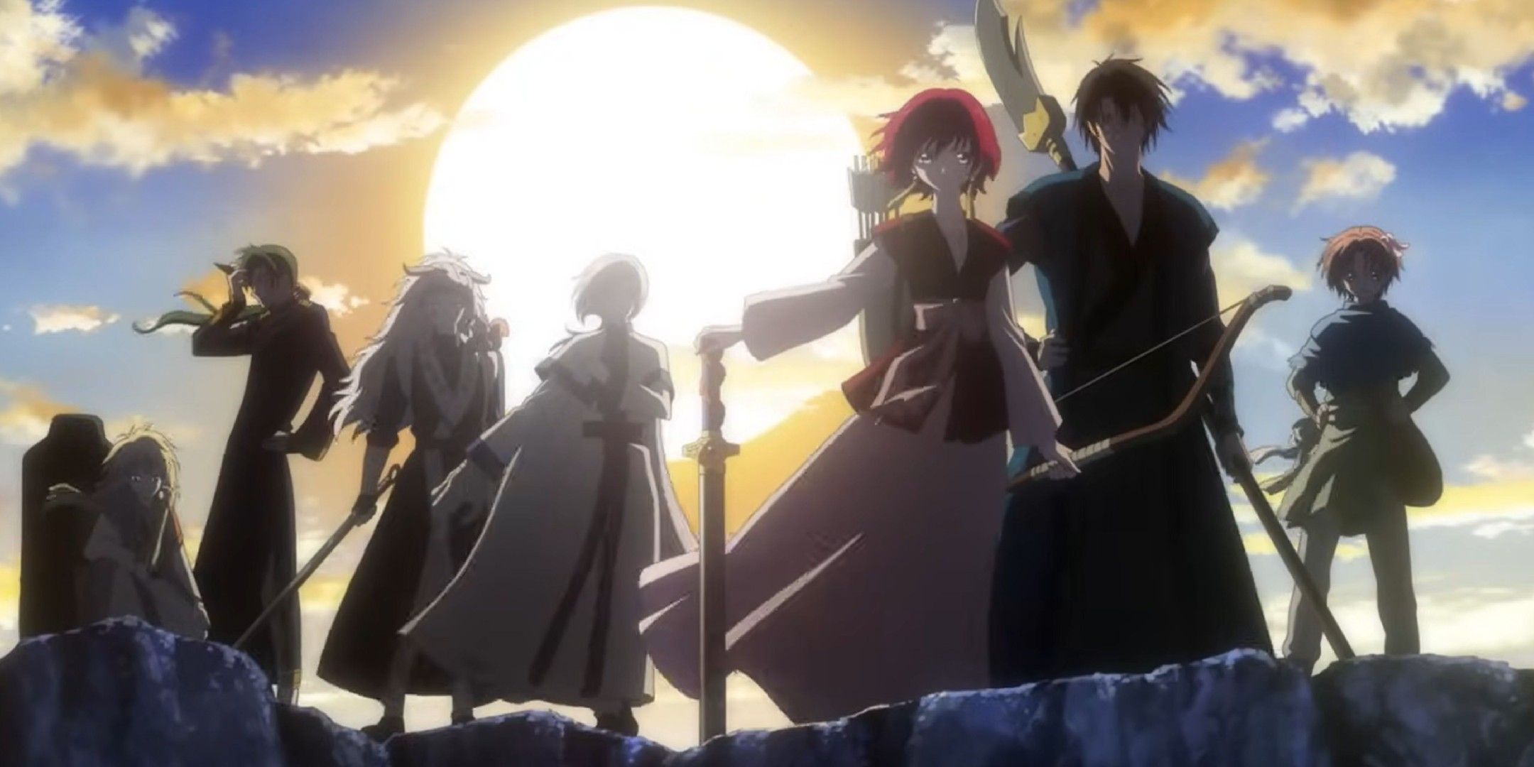 Yona stands with the dragon warriors on a cliff in Yona of the Dawn.