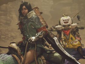 Monster Hunter Wilds screenshot shows a character and their Palico looking towards the camera.