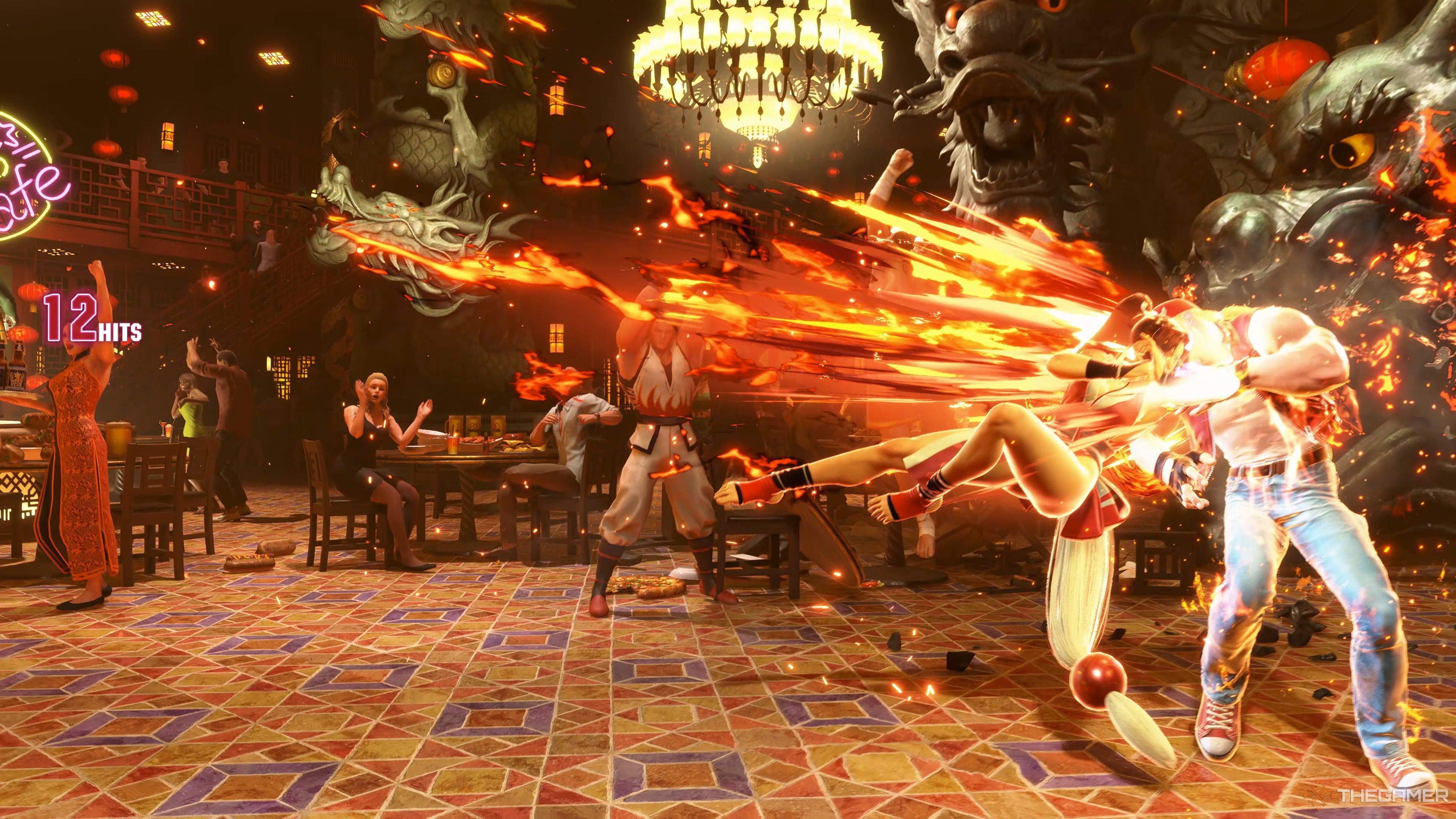 Mai Shiranui landing her Chou Hissatsu Shinobi Bachi Super Art on Terry Bogard in in Street Fighter 6.