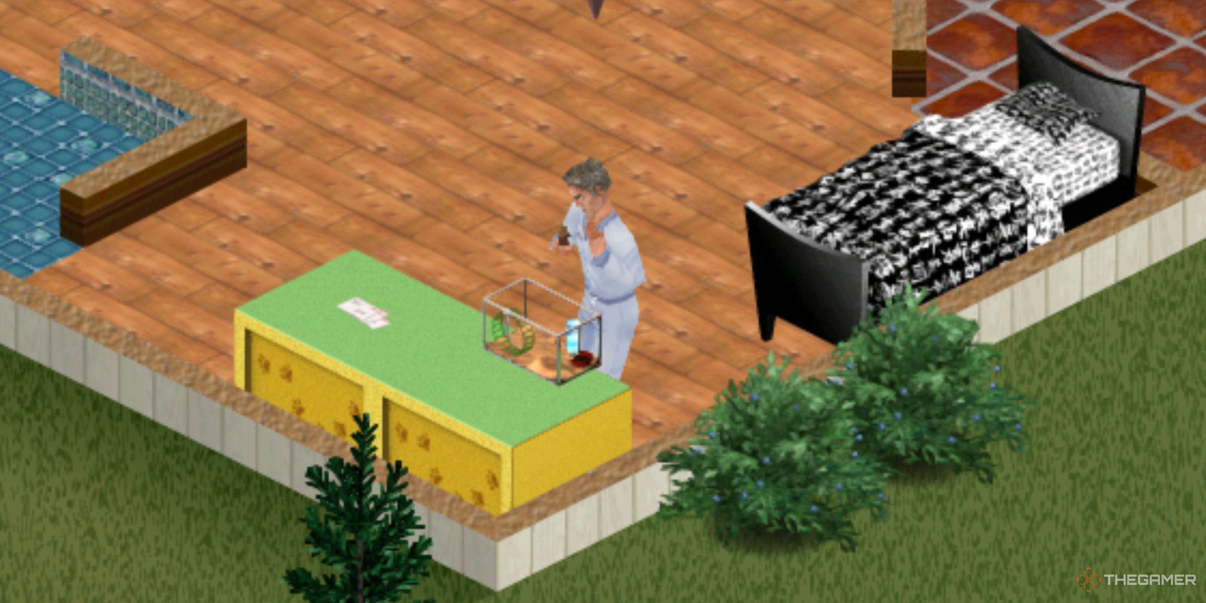 A Sim Petting A Guinea Pig Outside Of Its Cage Inside Their Home In The Sims Legacy Collection.