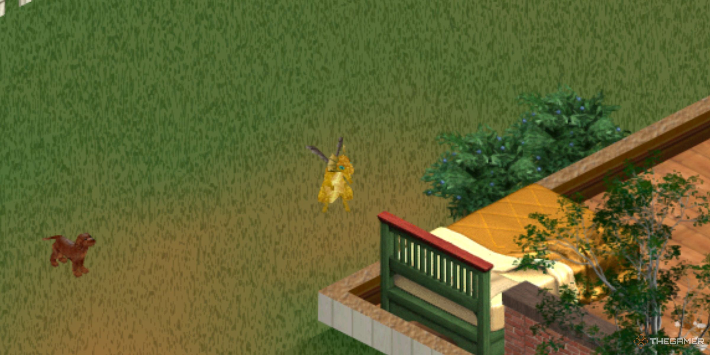 A Golden Dragon Alongside A Dog Outside A House In The Sims Legacy Collection.