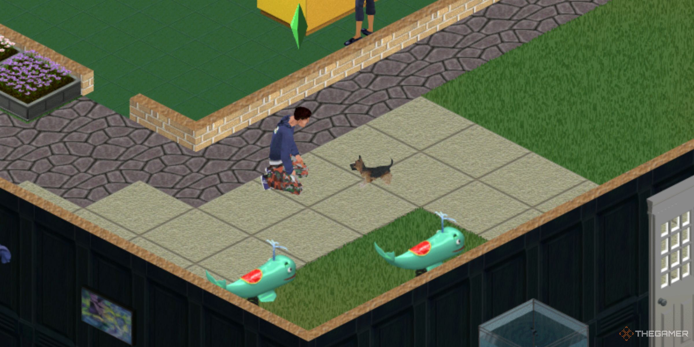 A Sim Playing With A Dog Outside The Pet Paradise Store In The Sims Legacy Collection.