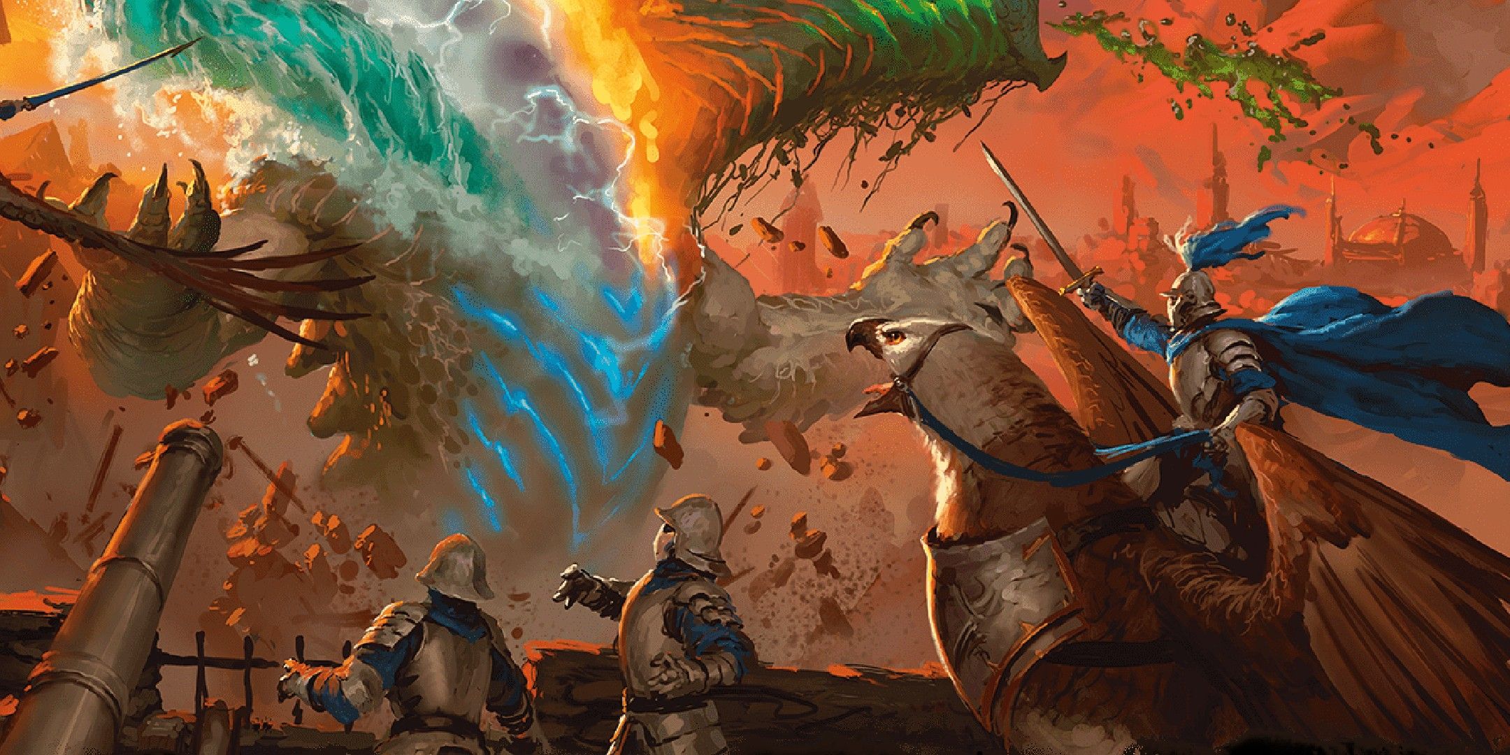 Dungeons & Dragons image showing soldiers and a griffon facing an elemental cataclysm.