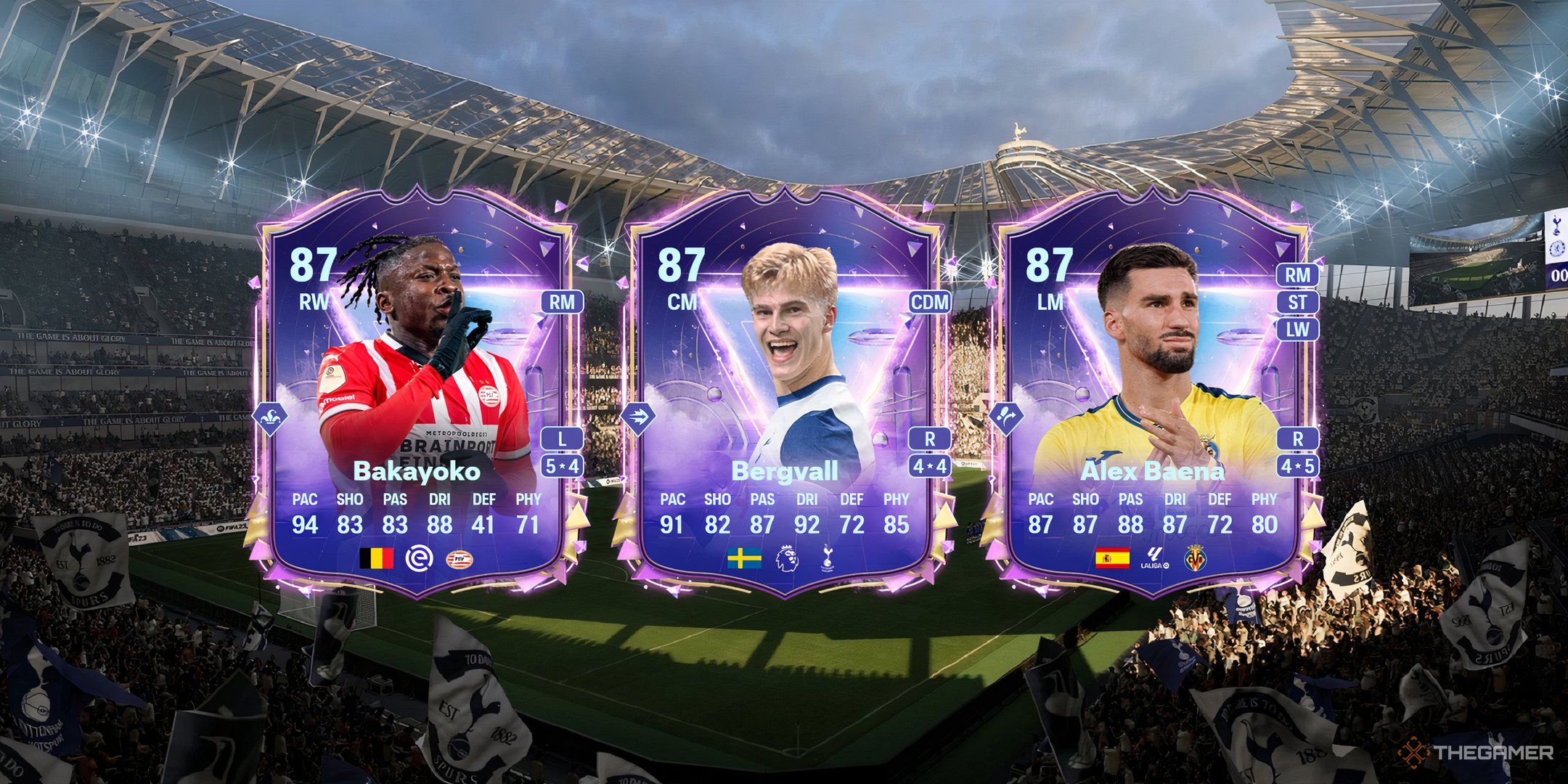 Johan Bakayoko's, Lucas Bergvall's, and Alex Baena's card in EA Sports FC 25.