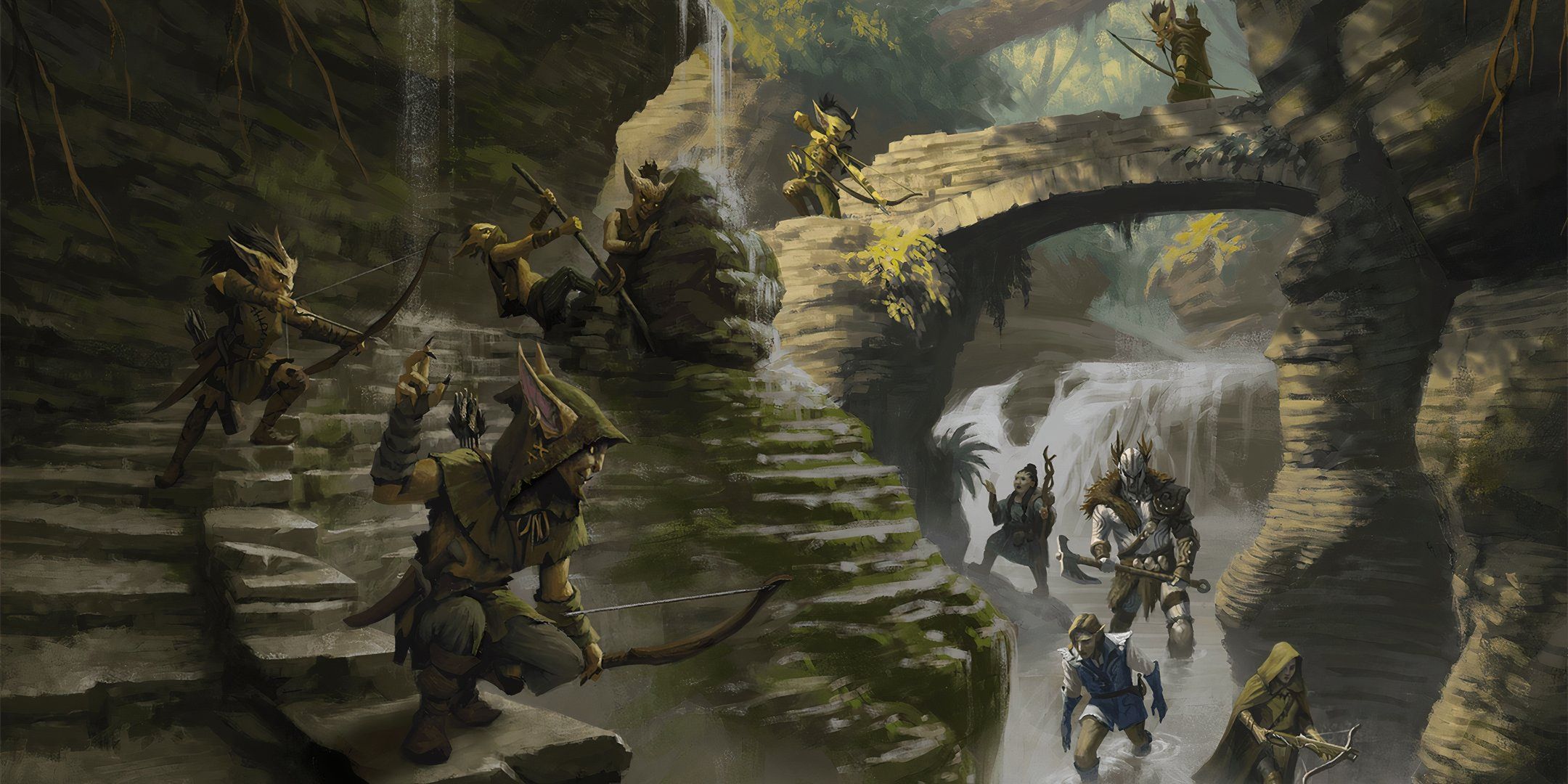 A group of goblin raiders prepares to attack unsuspecting adventurers in Dungeons & Draogns.