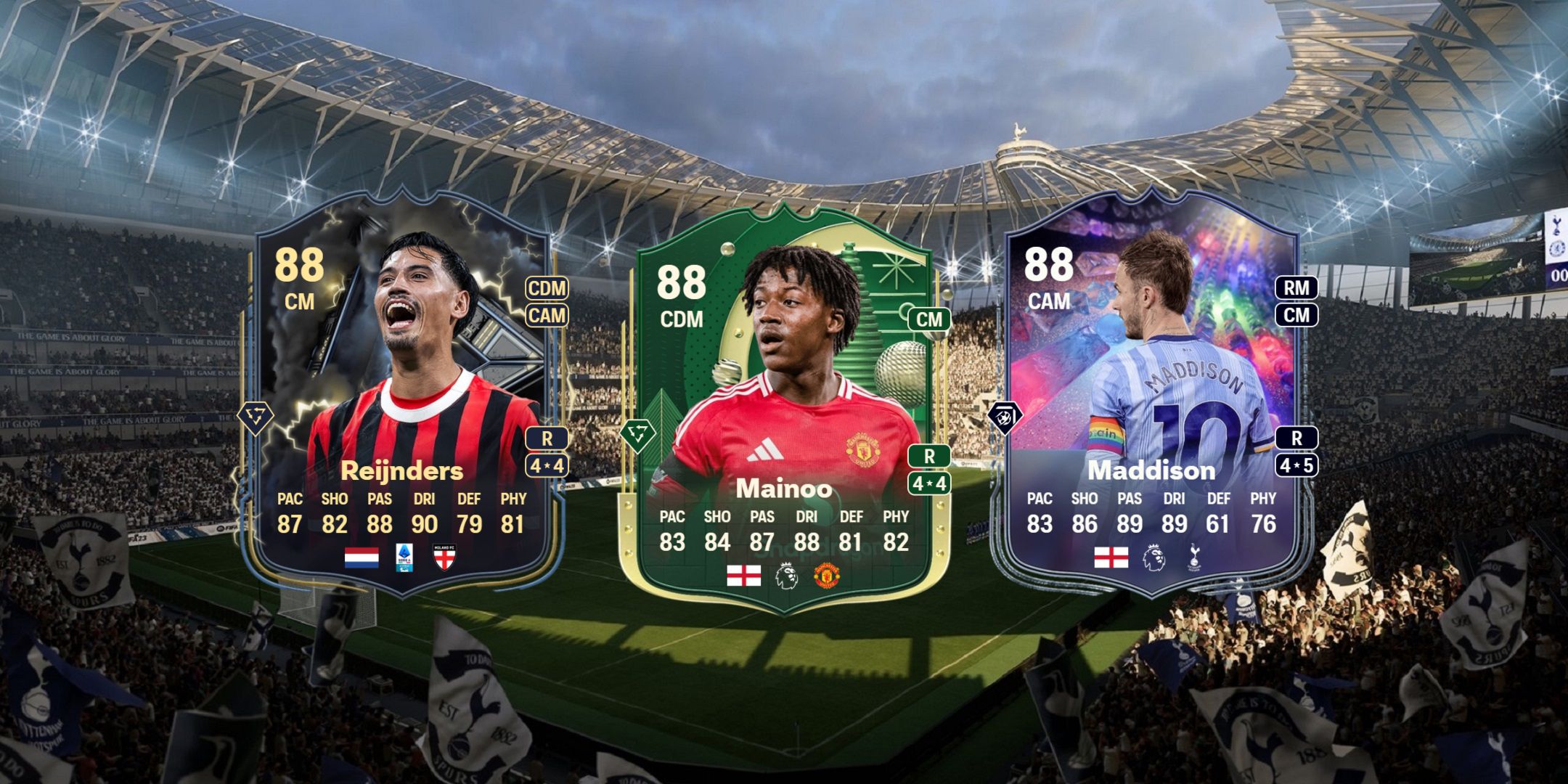 Tijjani Reijnders', Kobbie Mainoo's, and James Maddison's cards in EA Sports FC 25.