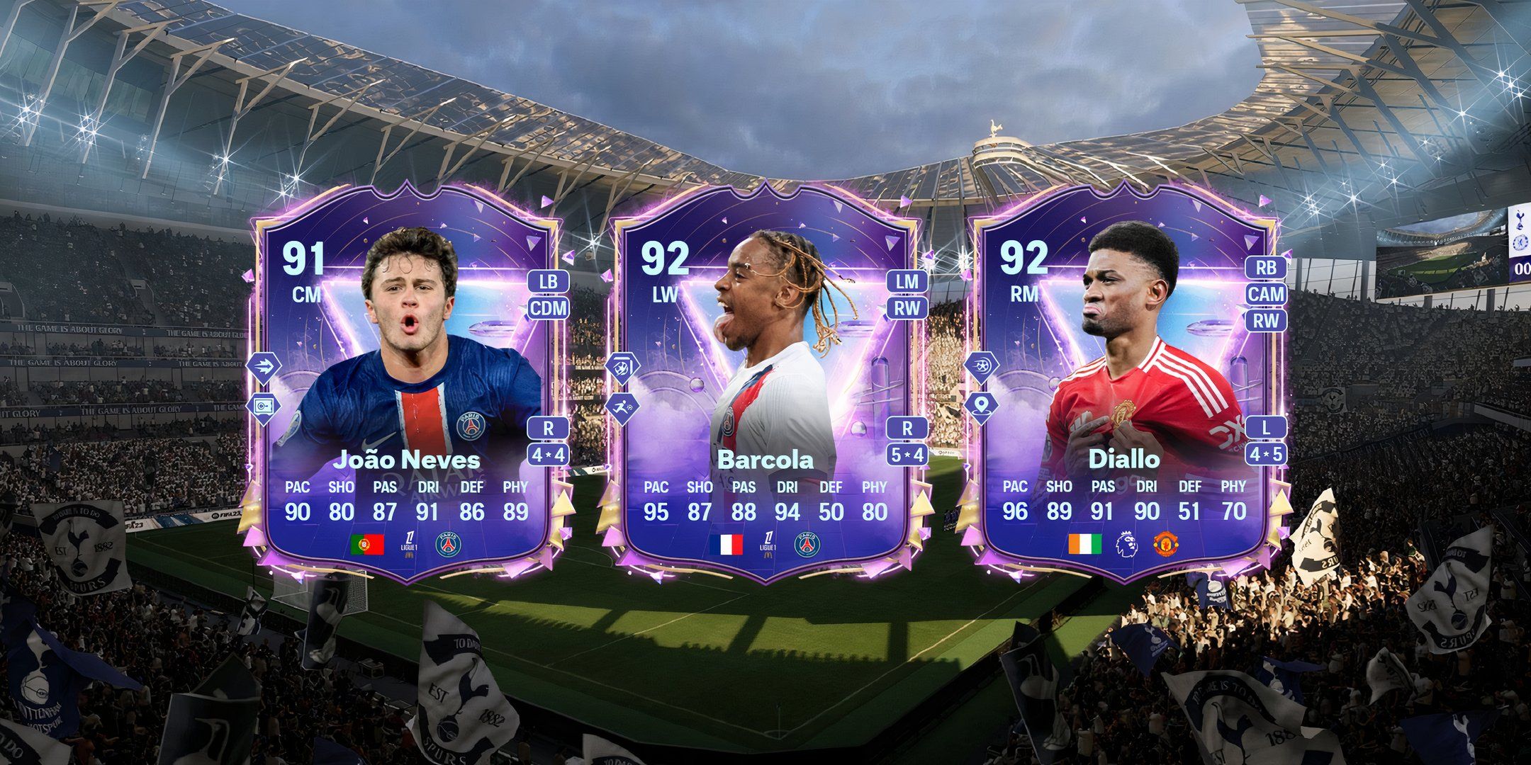 Joao Neves', Barcola's, and Diallo's cards in EA Sports FC 25.