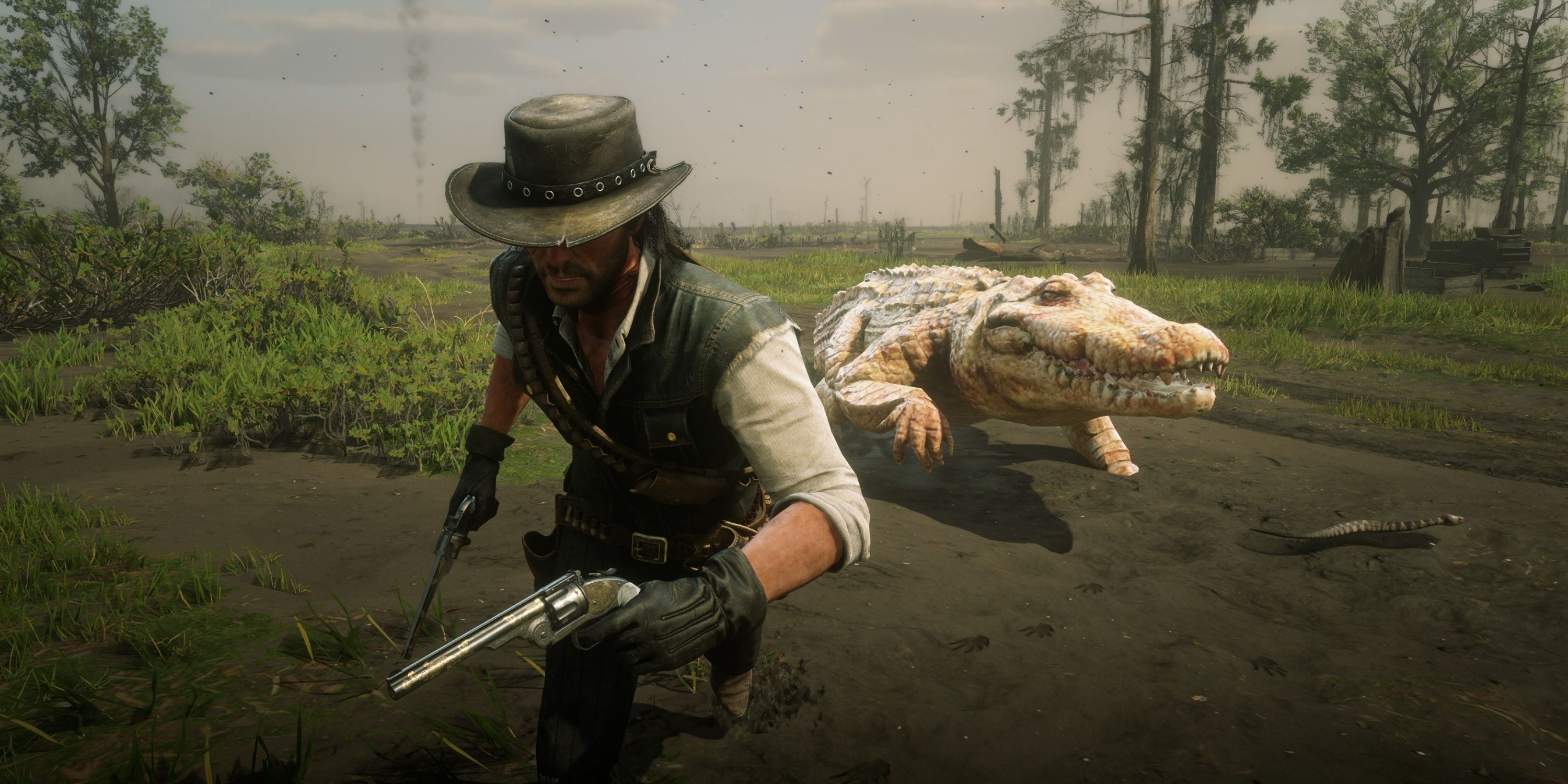 john marston runs from the legendary bull gator