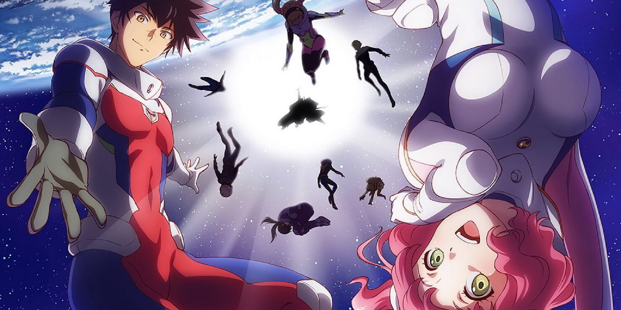 The main cast floating in space, earth in the background.