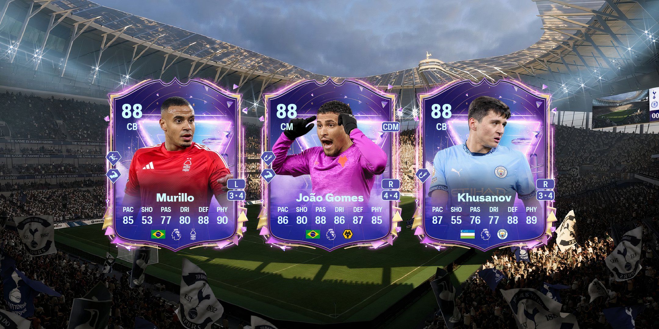 Murillo's, Joao Gomes', and Khusanov's cards in EA Sports FC 25.