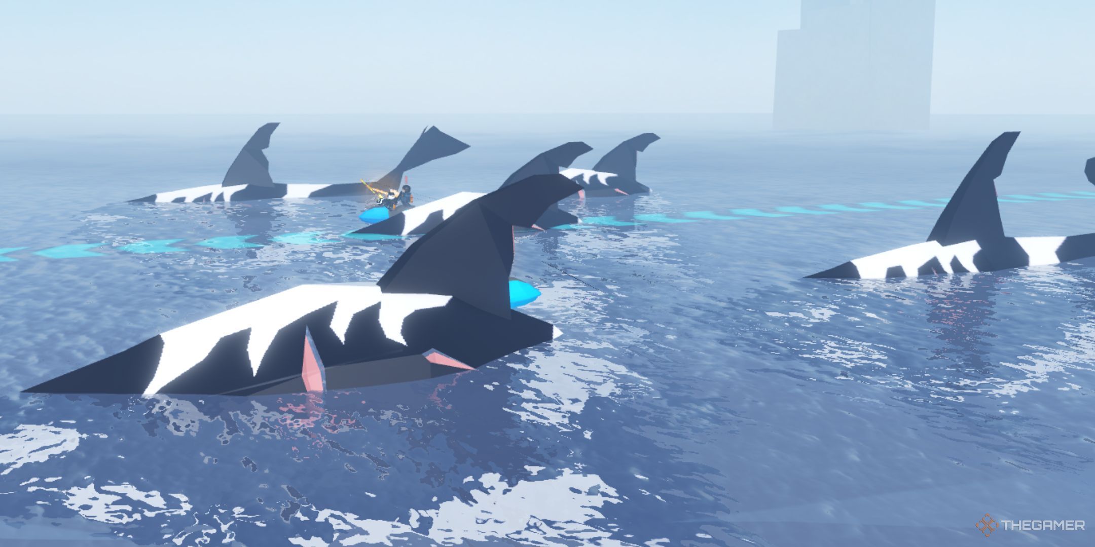 The player character shows Orcas in the middle of the ocean in Fisch.