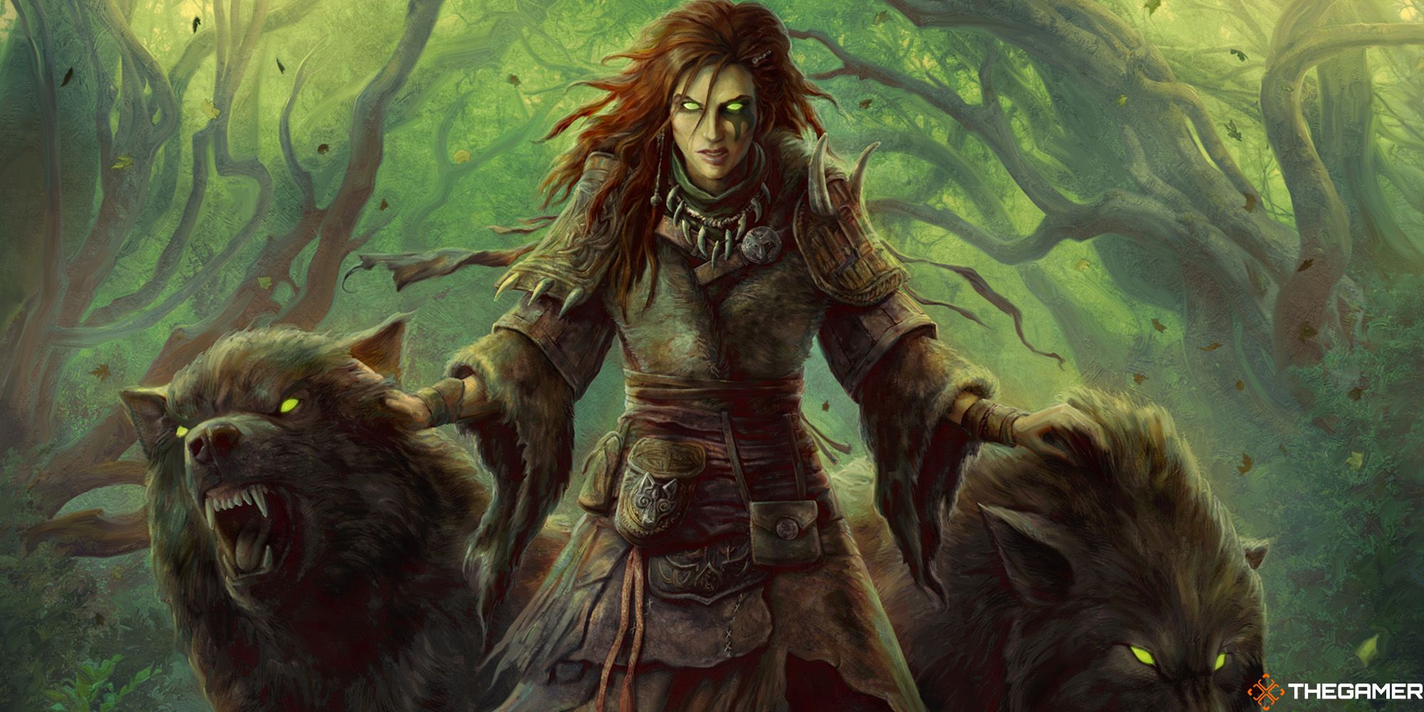 D&D art showing a woman with glowin eyes in a forest flanked by two wolves.