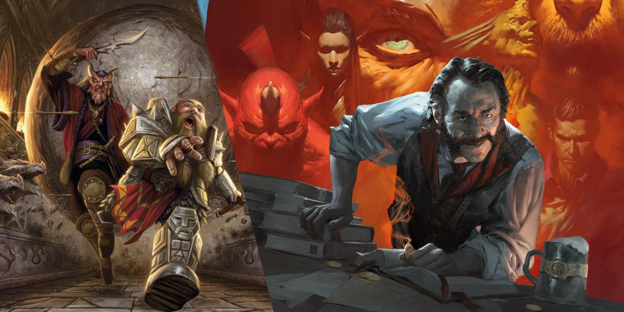 Dungeons & Dragons sourcebook split image warrior running from angry foe and a man leaning over books