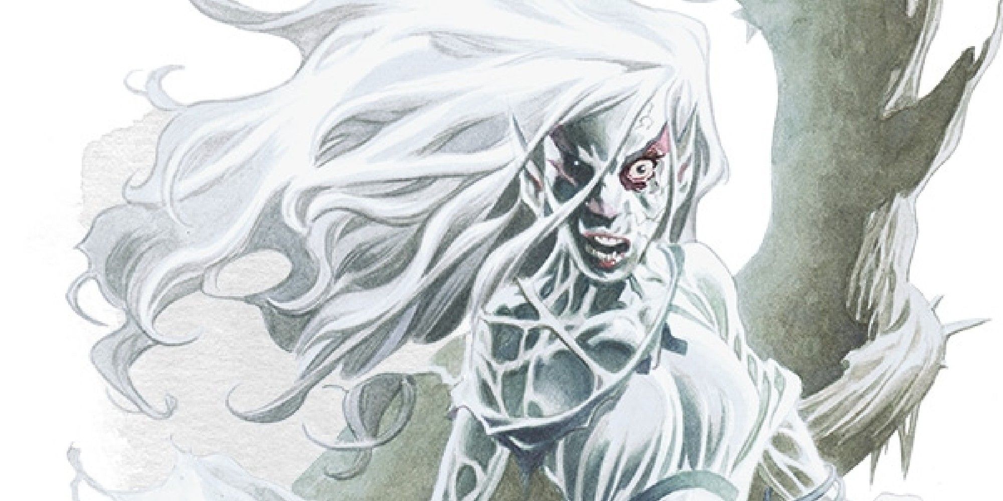 A Banshee stares forward intently with white hair and skin.