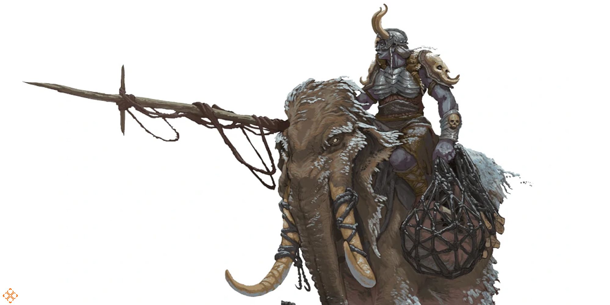 An ice giant riding a mammoth with spear in hand.