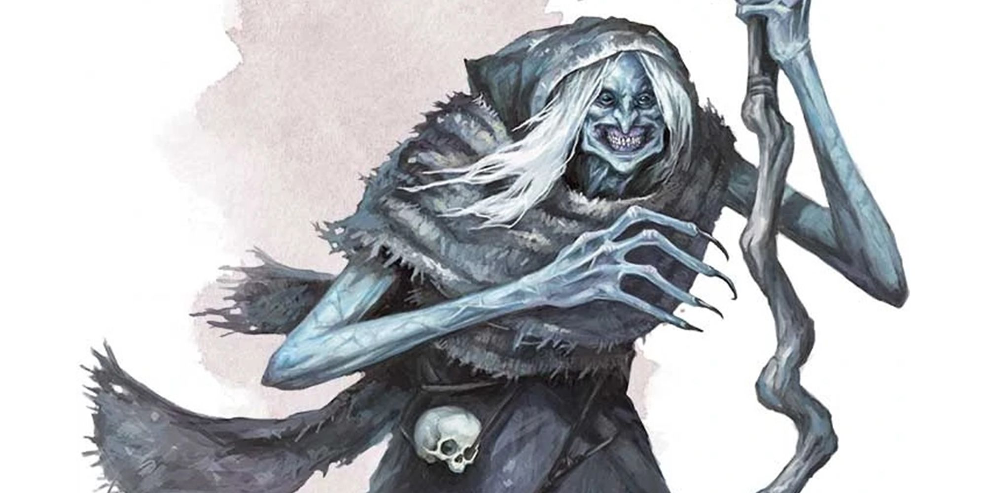 A blue-skinned hag with white hair holding a gnarled staff.