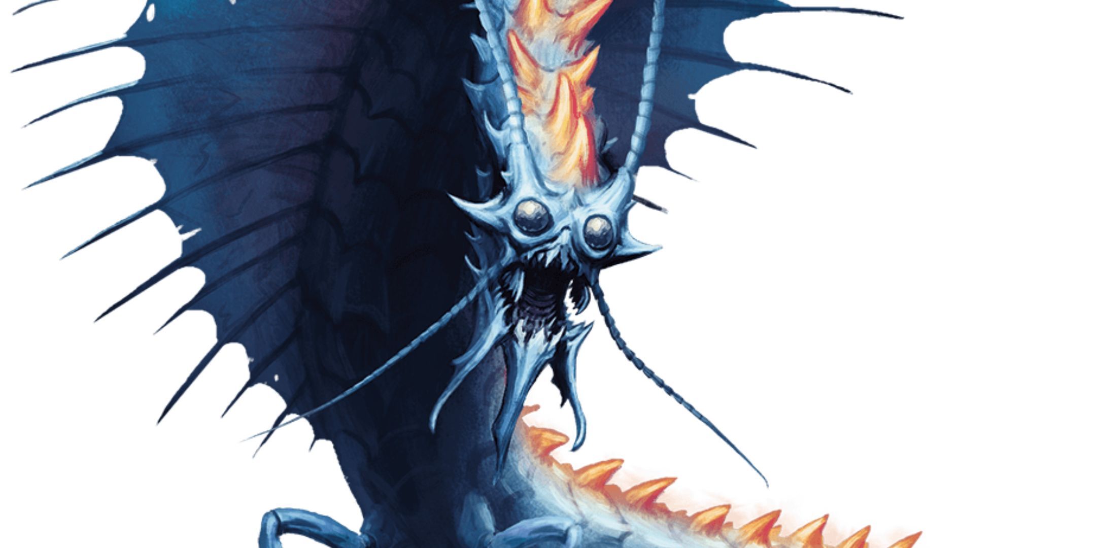 A Remorhaz with large insectoid eyes and blue antennae with its mouth open.