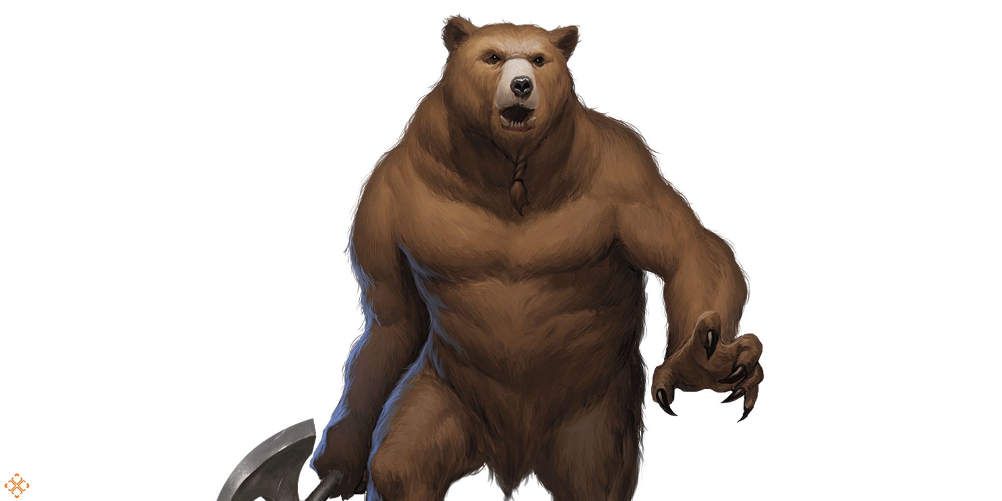 A Werebear with an axe steps forward with its claws out.