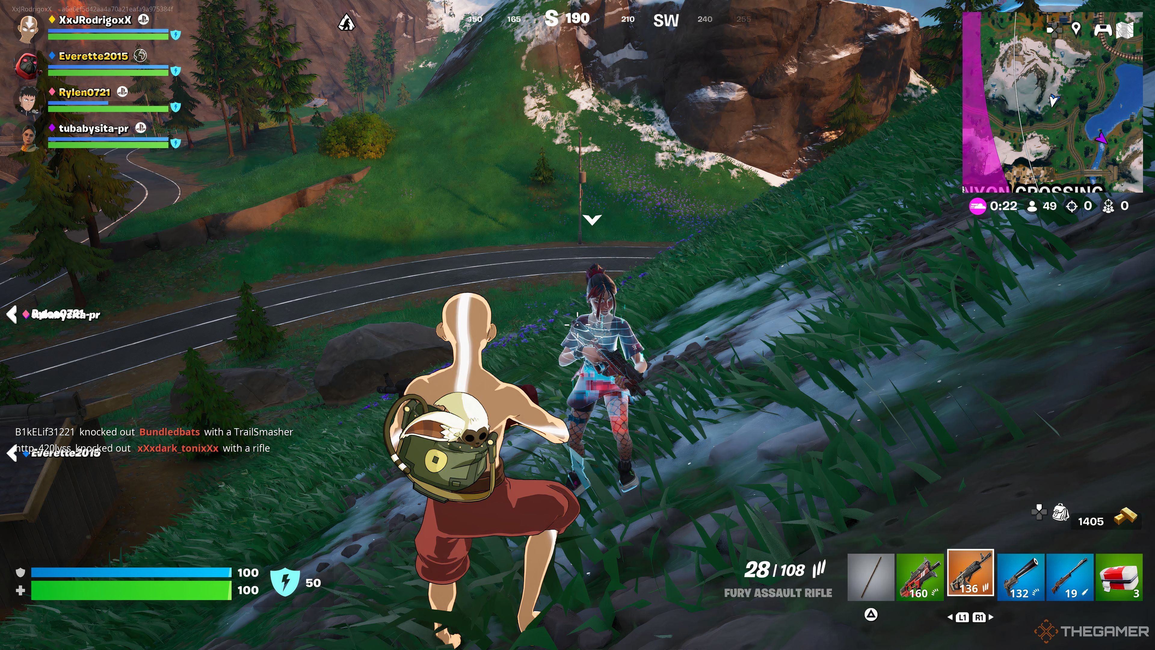 Avatar Aang skin standing in front of NPC Helsie who can be hired in Fortnite.