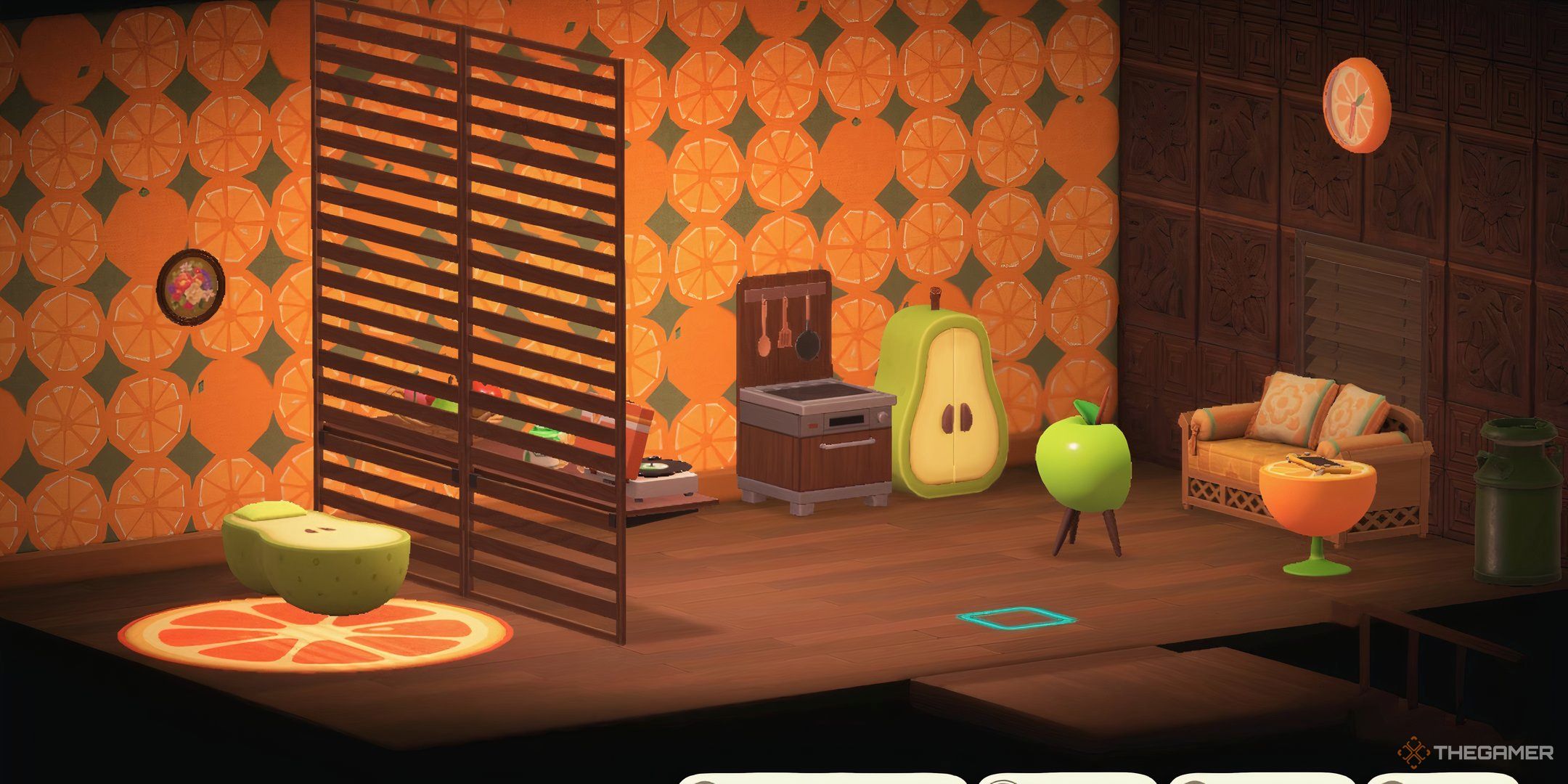 Animal Crossing New Horizons upstrais room of a player home showing off orange and pear decor and furniture.