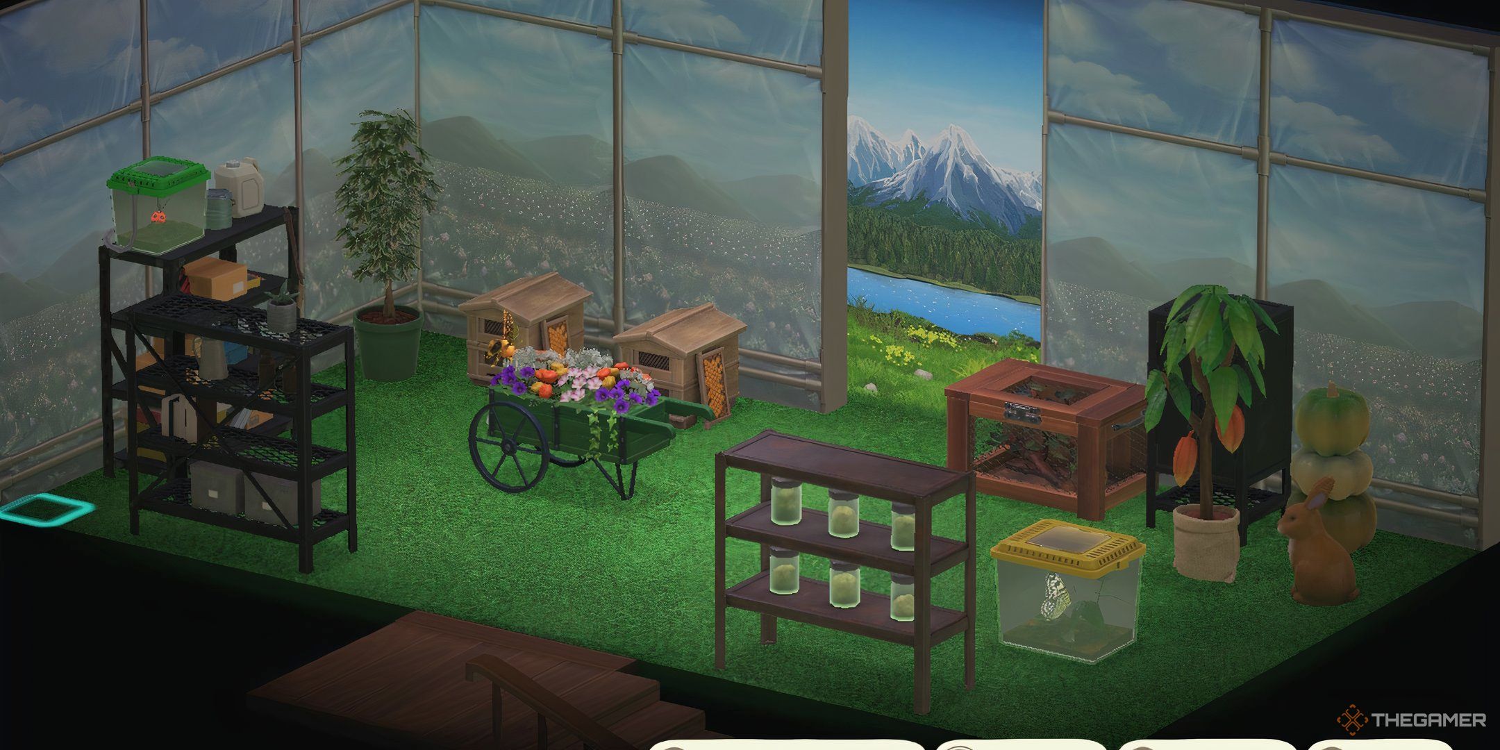 Animal Crossing New Horizons upstrais room of a player home mimicing the inside of a large greenhouse filled with gardening equipment.