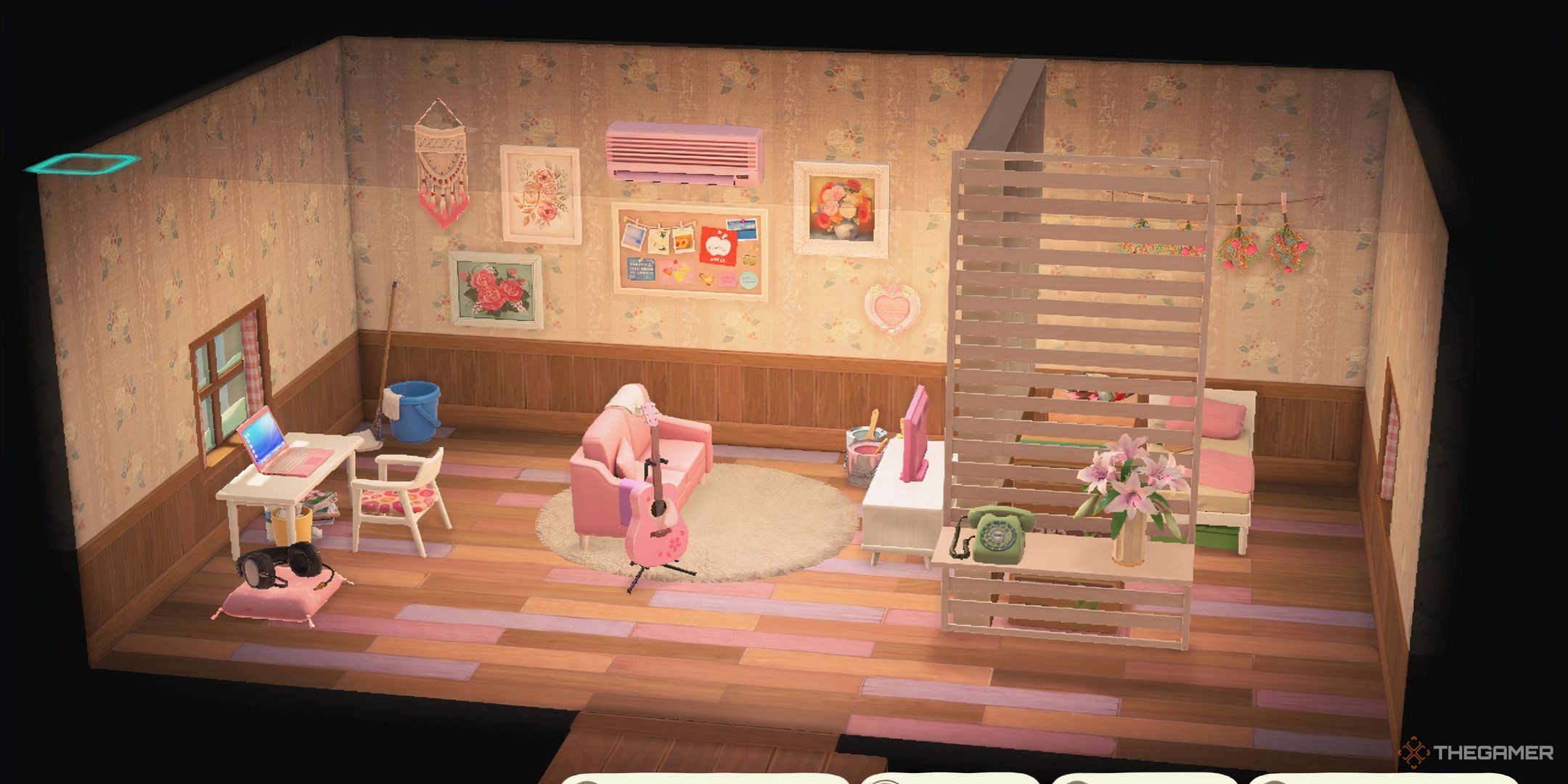 Animal Crossing New Horizons upstrais room of a player home showing a cluttered and messy room that seems to be undergoing some changes and cleaning.