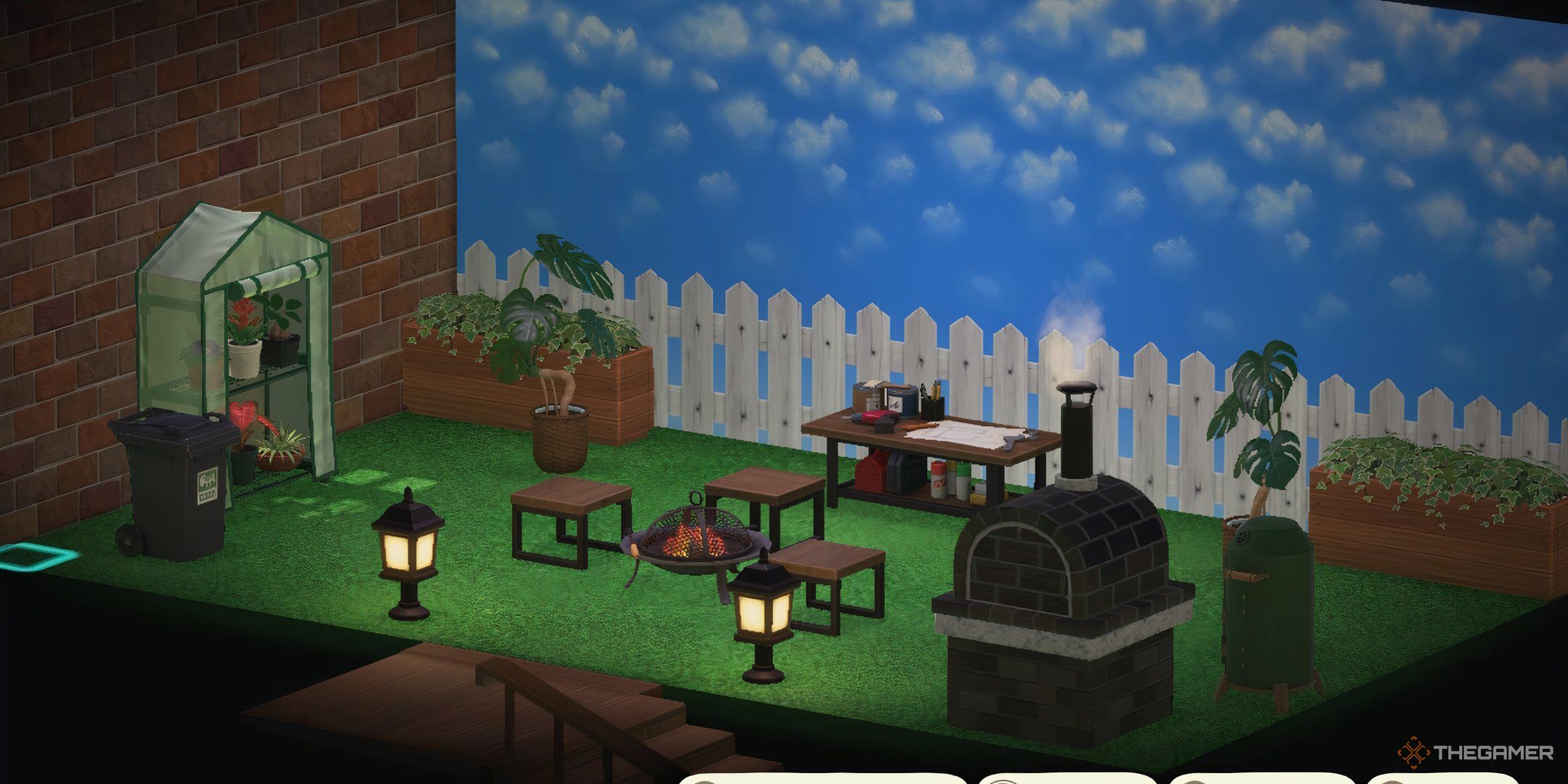 Animal Crossing New Horizons upstrais room of a player home depicting a backyard hangout with seats around a fire pit and blue skies in the room.